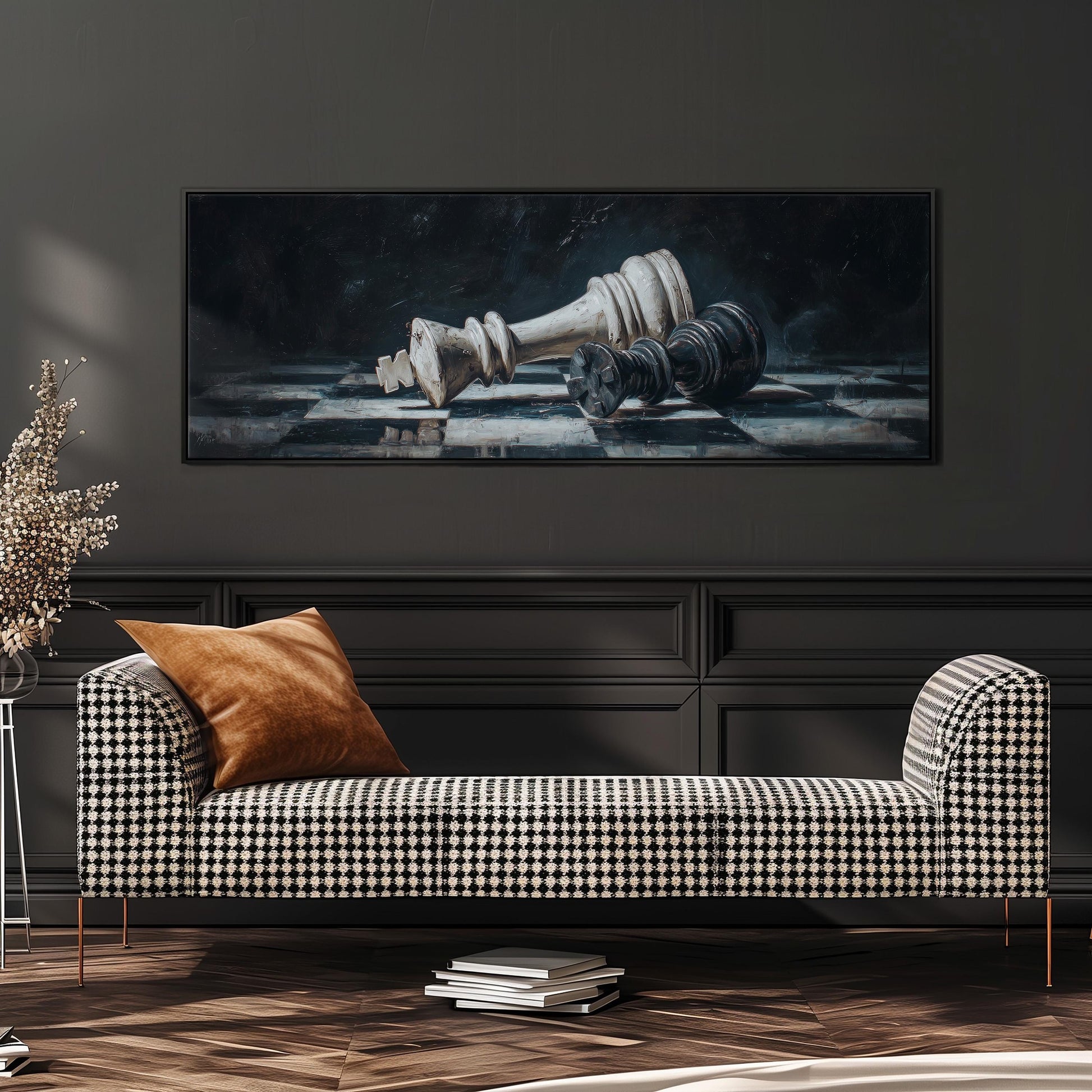 a large black and white checkered sofa with a brown throw pillow, set against a dark wall with a framed painting of a chess king and pieces above it.