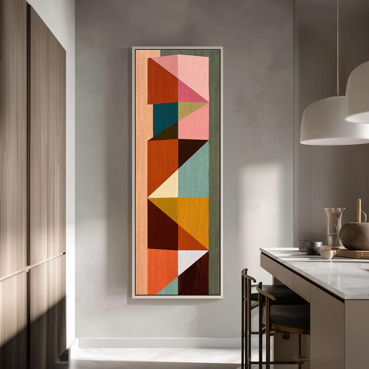 Stacked colorful triangle mosaic tall skinny canvas print in a modern kitchen