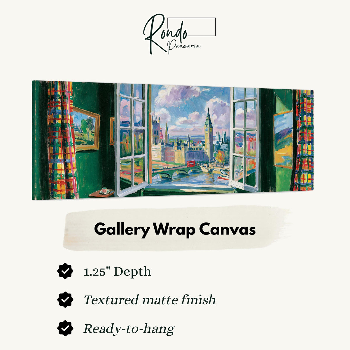 London and Big Ben through a green room window gallery wrap canvas with the image wrapped around the edges