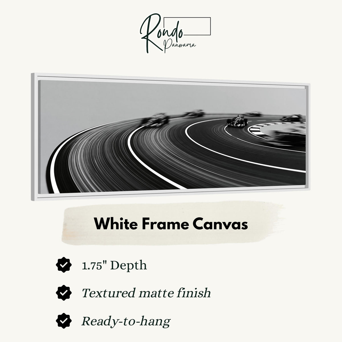 Race cars sweeping around a curve in black and white canvas print in a white floating frame