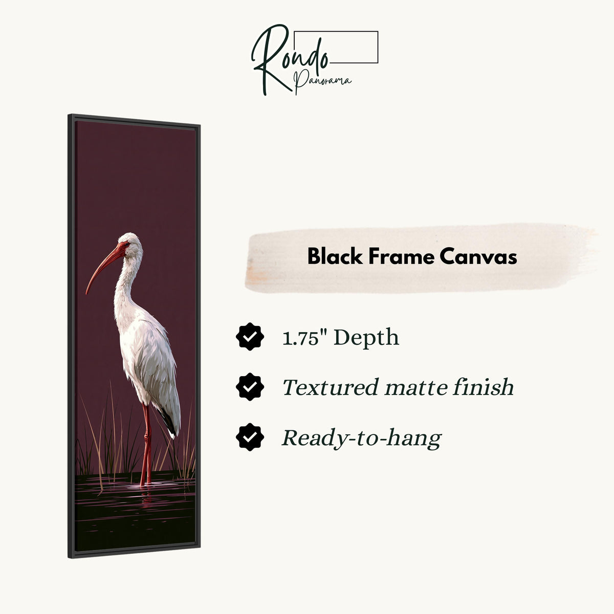 White ibis on a plum background canvas print in a black floating frame