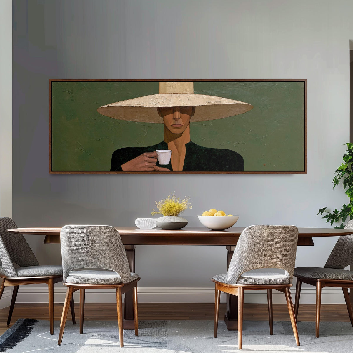 Shadowed woman in a sun hat with espresso long horizontal canvas print above a dining table