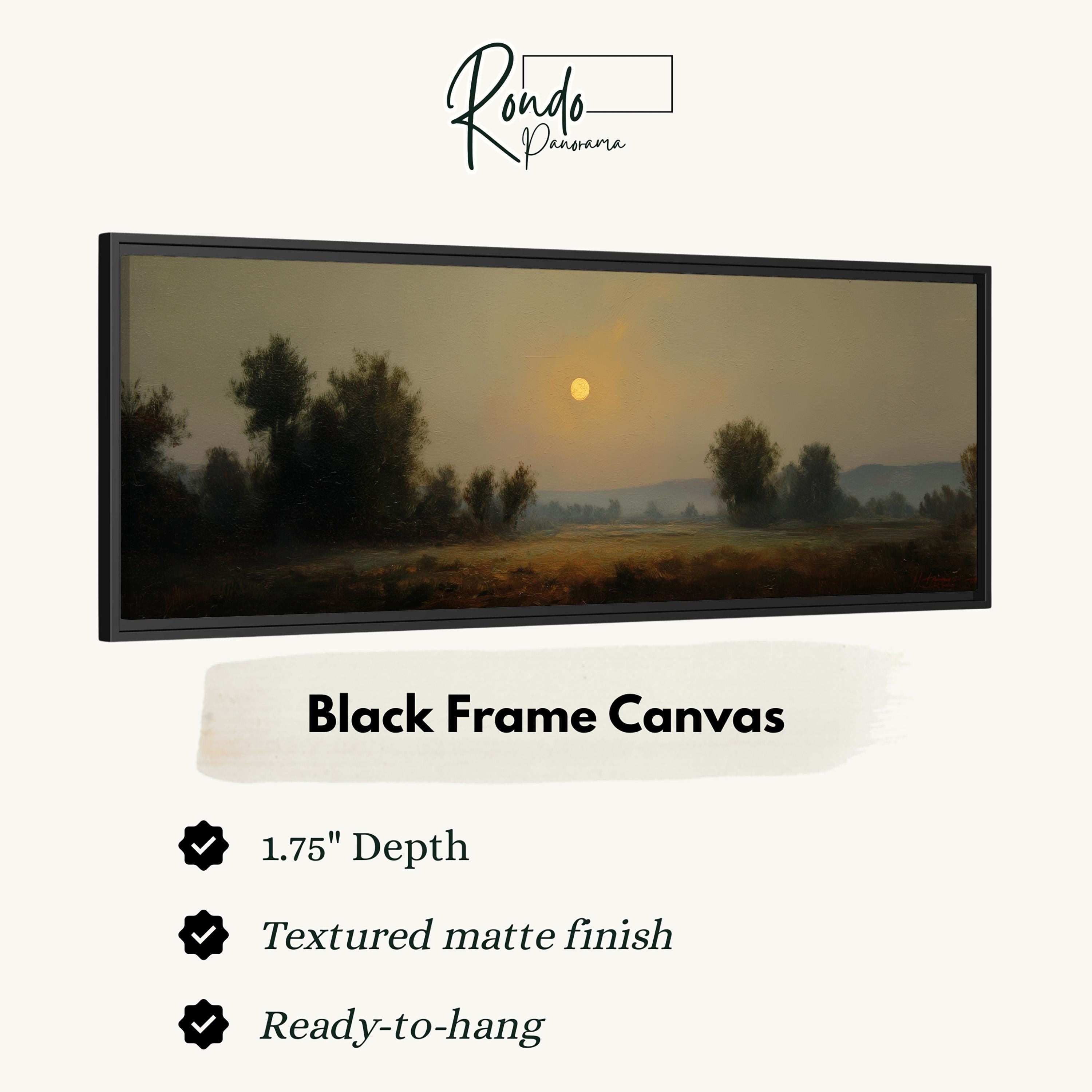 The image is a black frame canvas depicting a landscape with trees and a sunset.