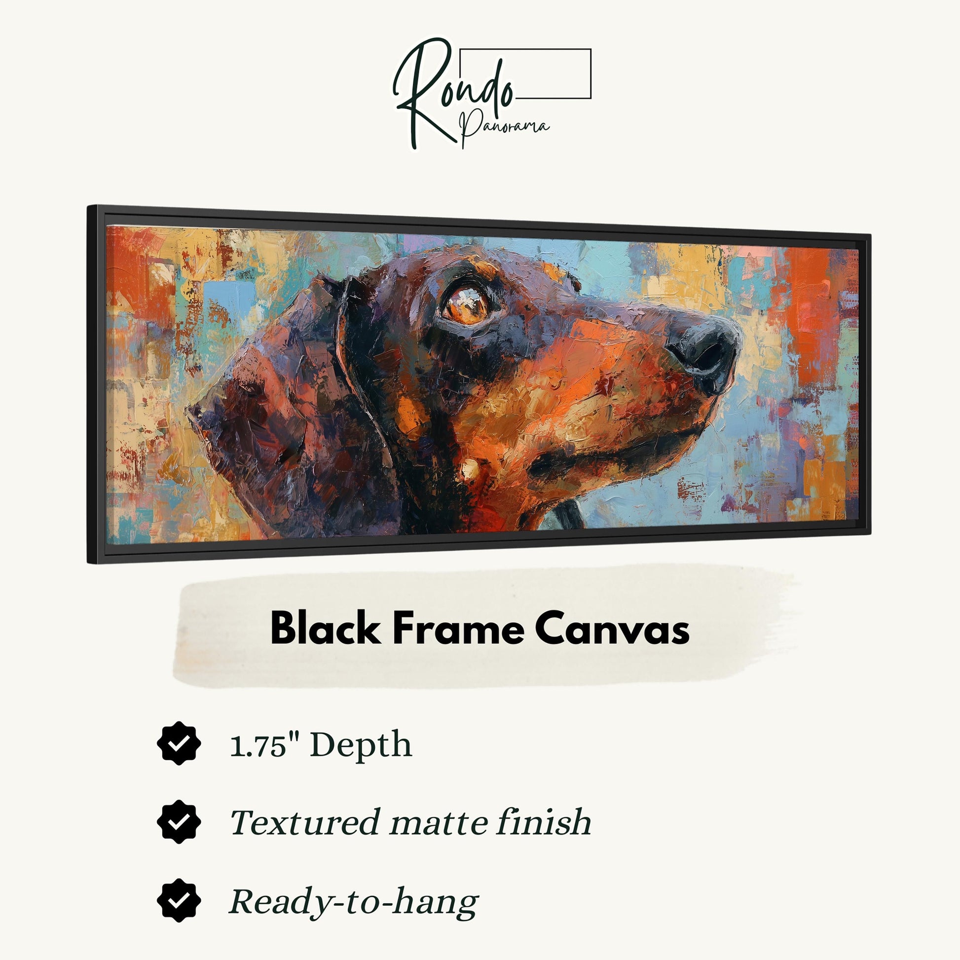 The image is a black frame canvas featuring a close-up of a dog's head in an abstract painting style.