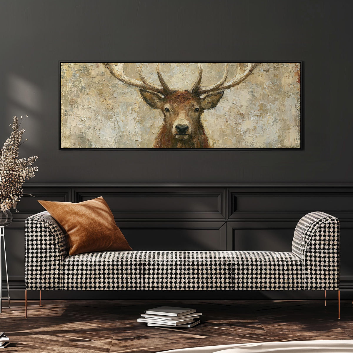 Rustic stag portrait wide panoramic canvas print above a bench in a dark living room