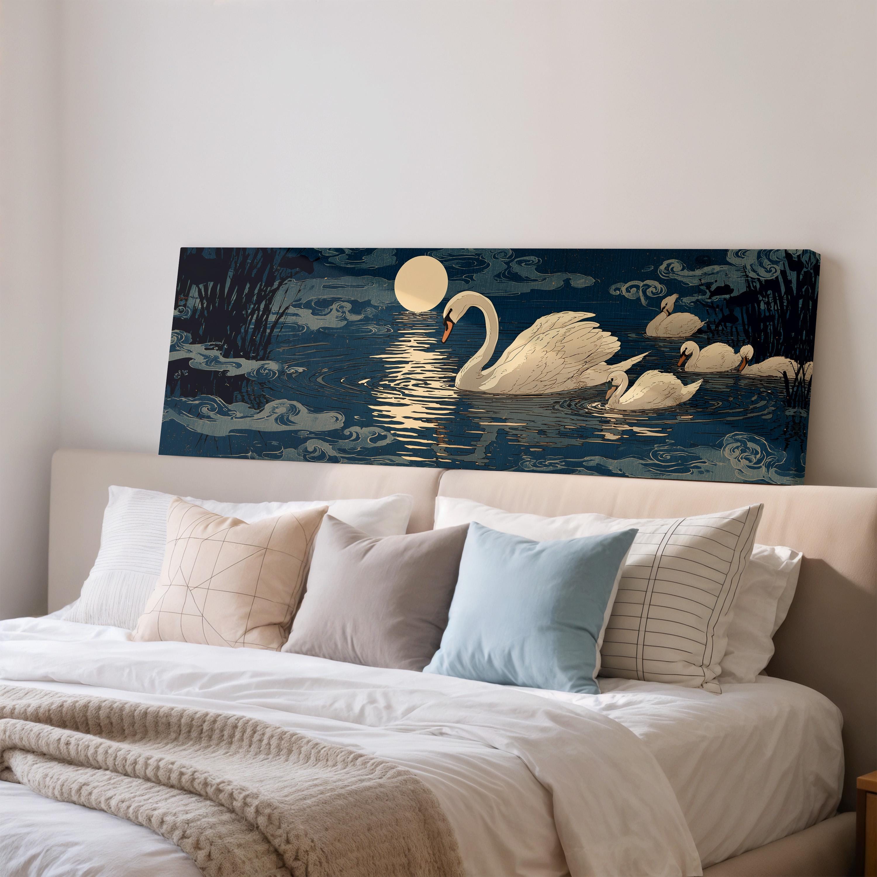 a large painting of a swan swimming on a lake at night, with a full moon and clouds in the background.