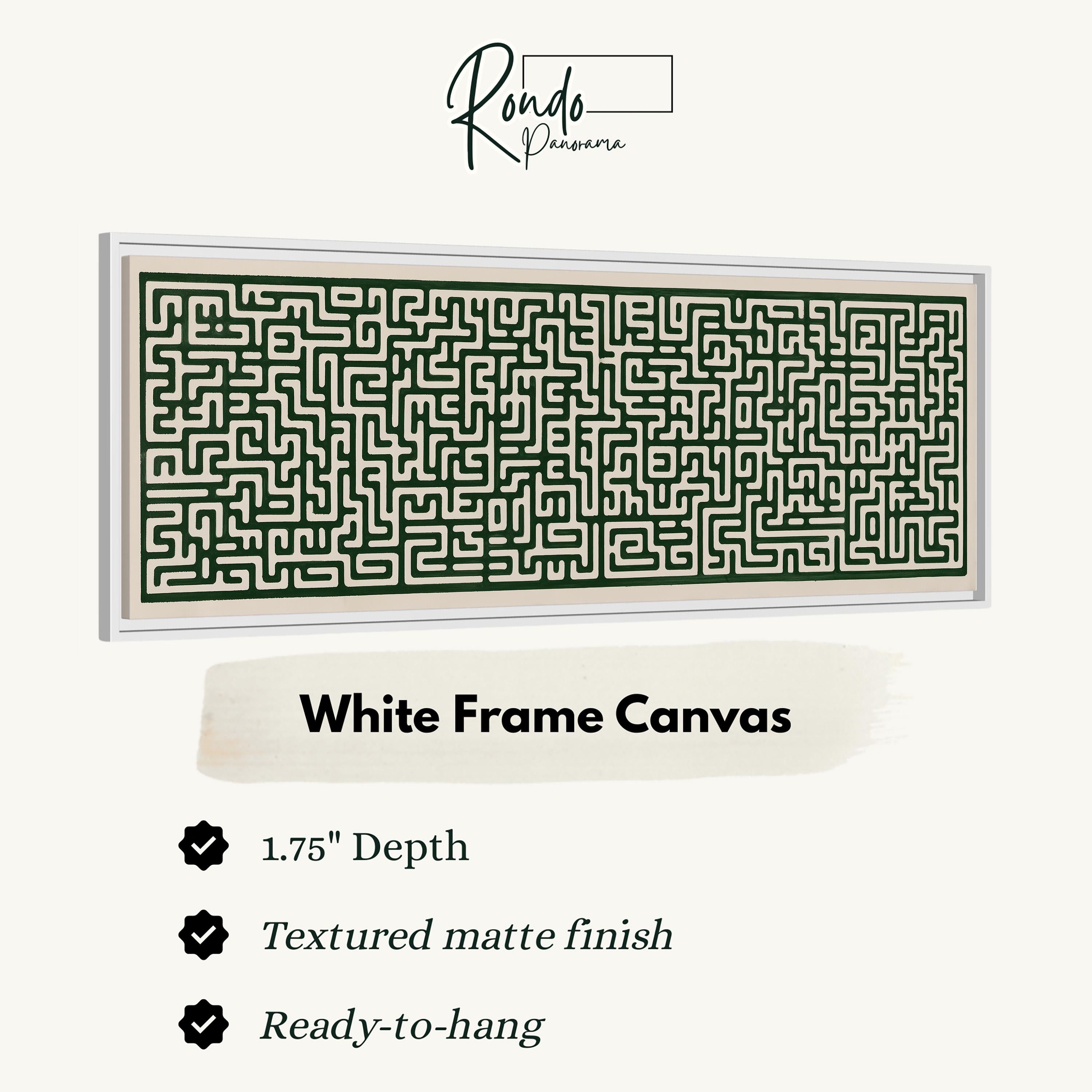 a large, intricate maze-like pattern painted on a white frame canvas.