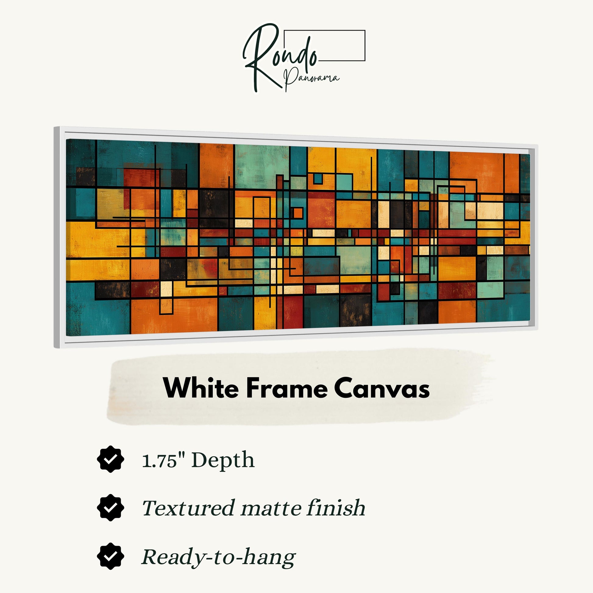 The image is a framed artwork featuring a vibrant abstract design with various geometric shapes and colors.