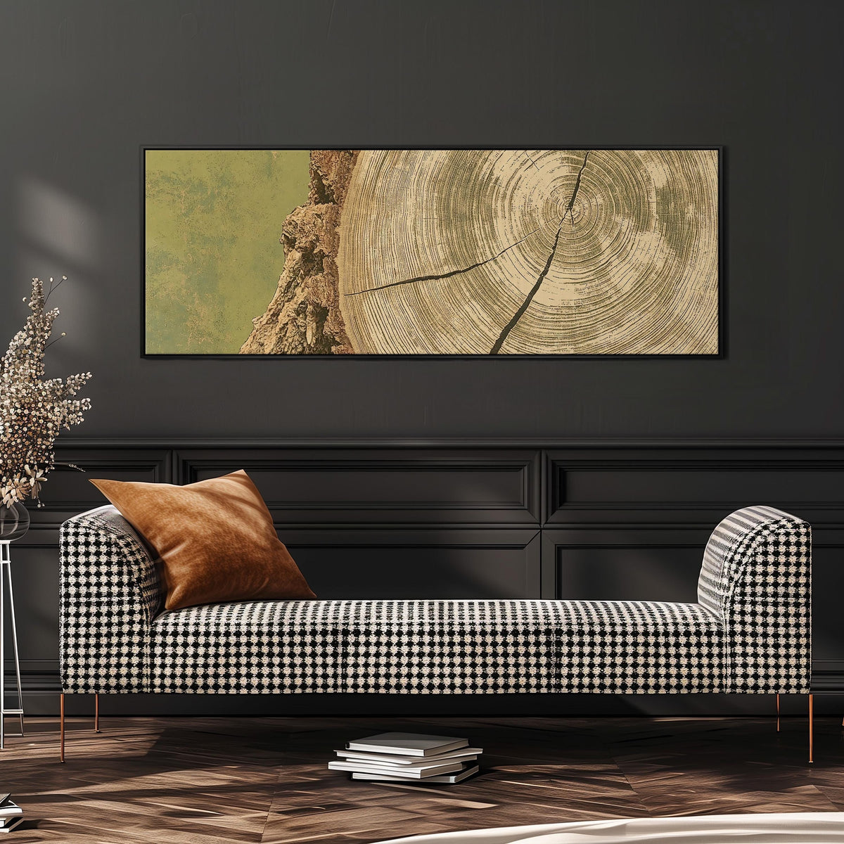 Golden tree ring wood grain wide panoramic canvas print above a bench in a dark living room