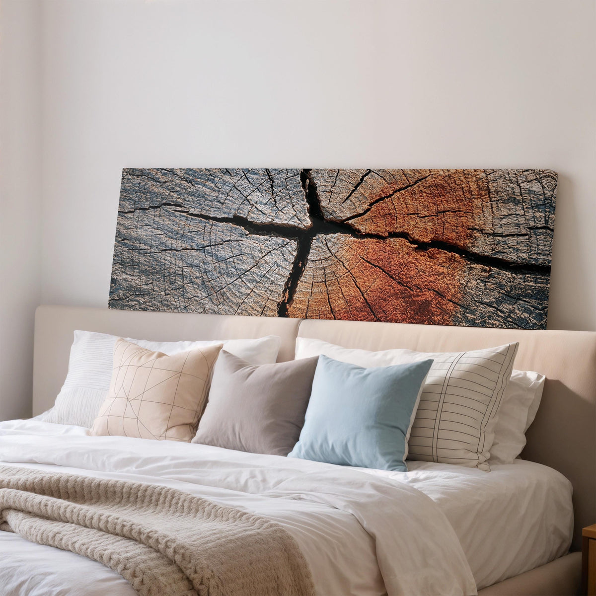 Copper cracked wood grain wide panoramic canvas print above a bed in a bedroom