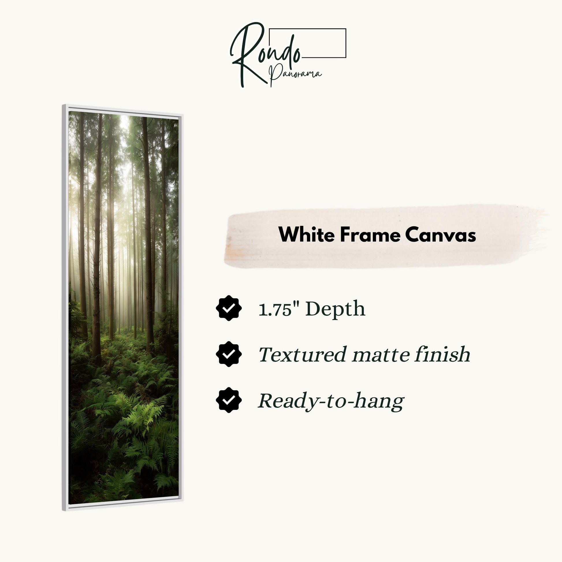 The image is a white frame canvas depicting a forest scene with tall trees and lush greenery.