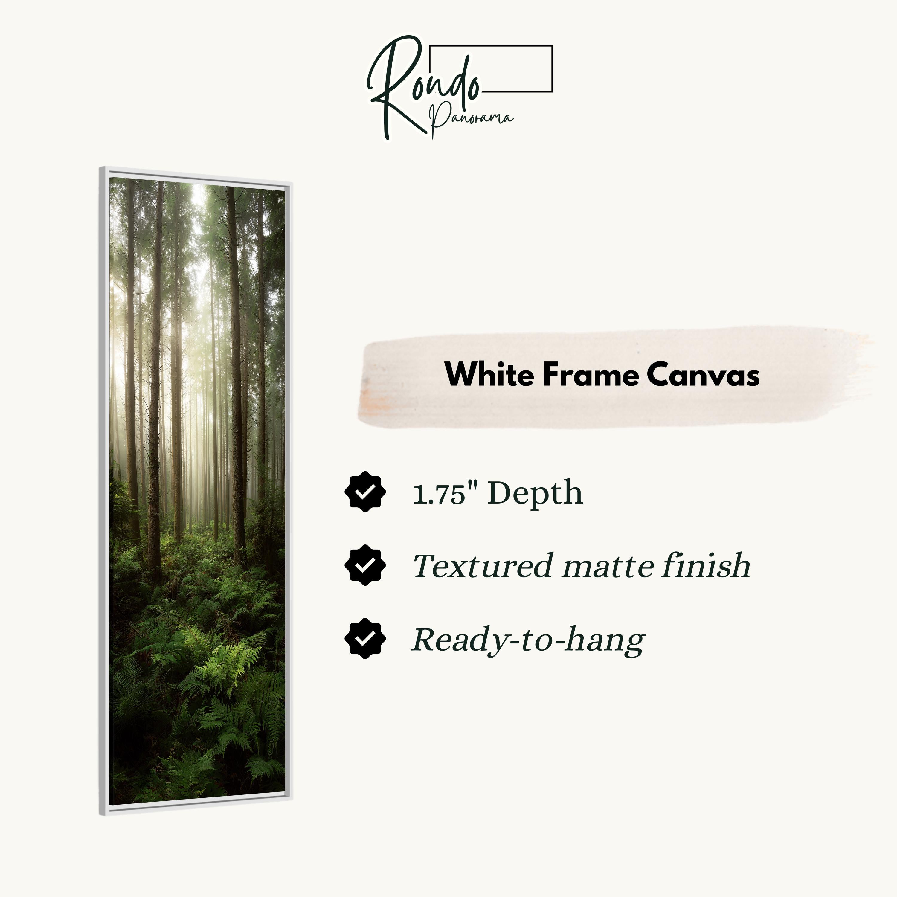 The image is a white frame canvas depicting a forest scene with tall trees and lush greenery.