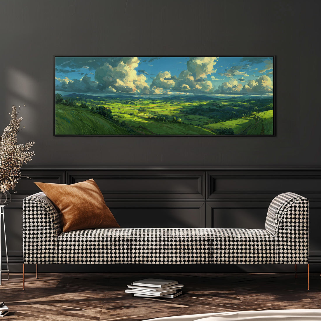 a large painting of a countryside landscape hanging on a wall above a wooden dining table with four chairs.