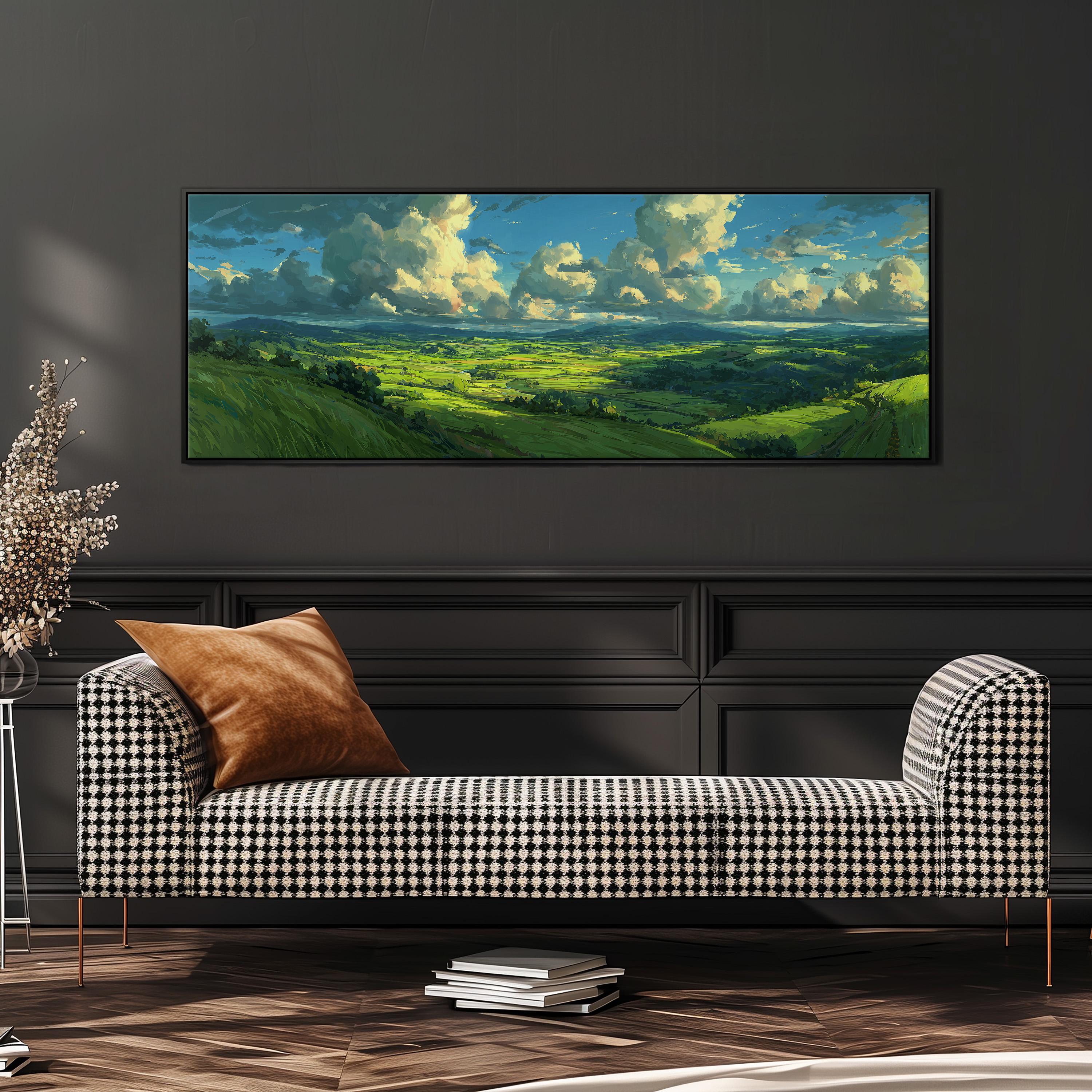 a large landscape painting hanging on a wall above a black and white checkered sofa in a modern living room setting.