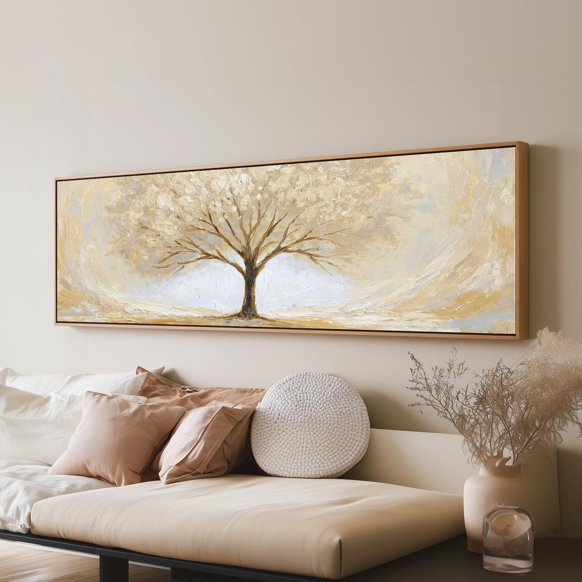 Golden winter tree long horizontal canvas print above a sofa in a living room