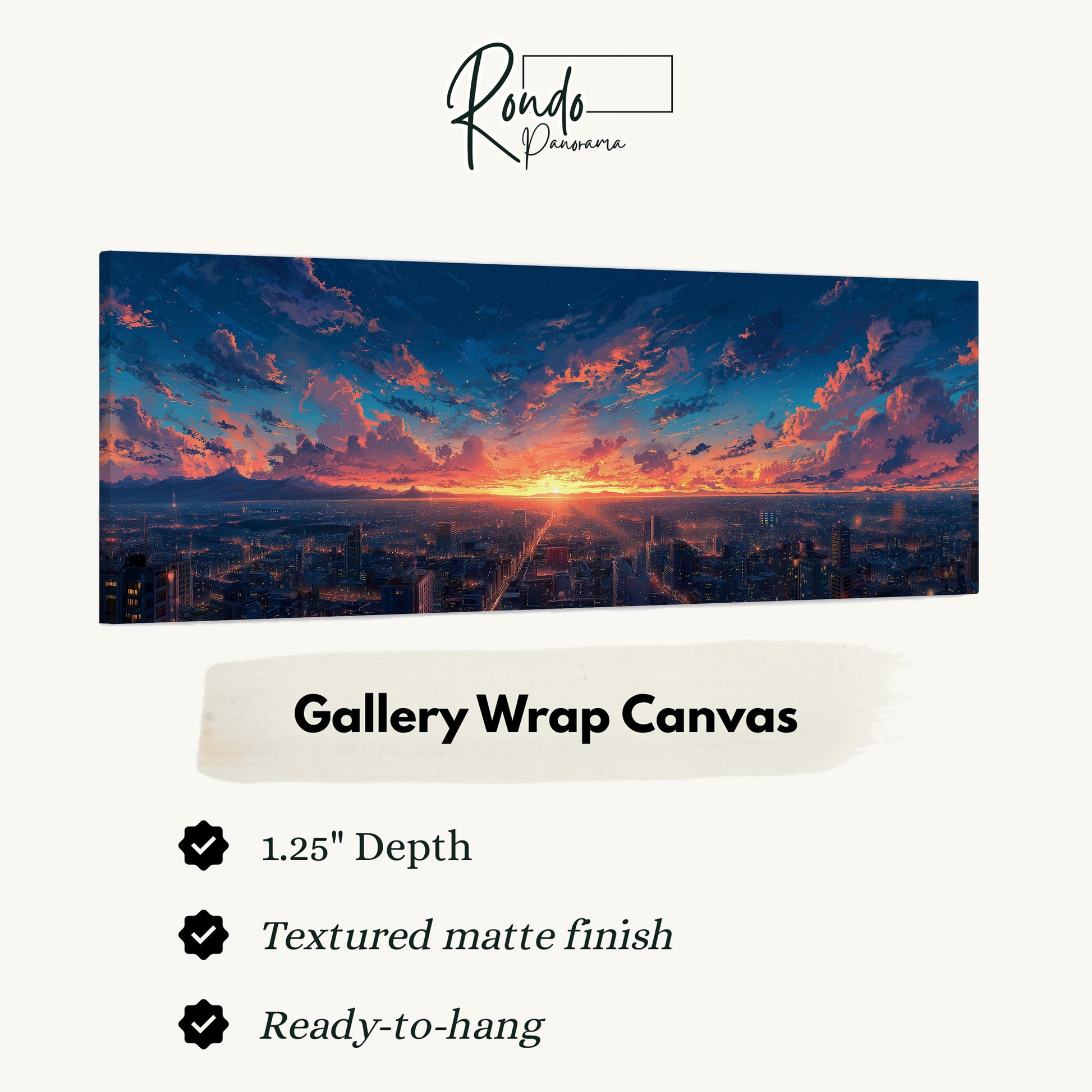 The image is a large canvas painting depicting a cityscape at sunset with a colorful sky.