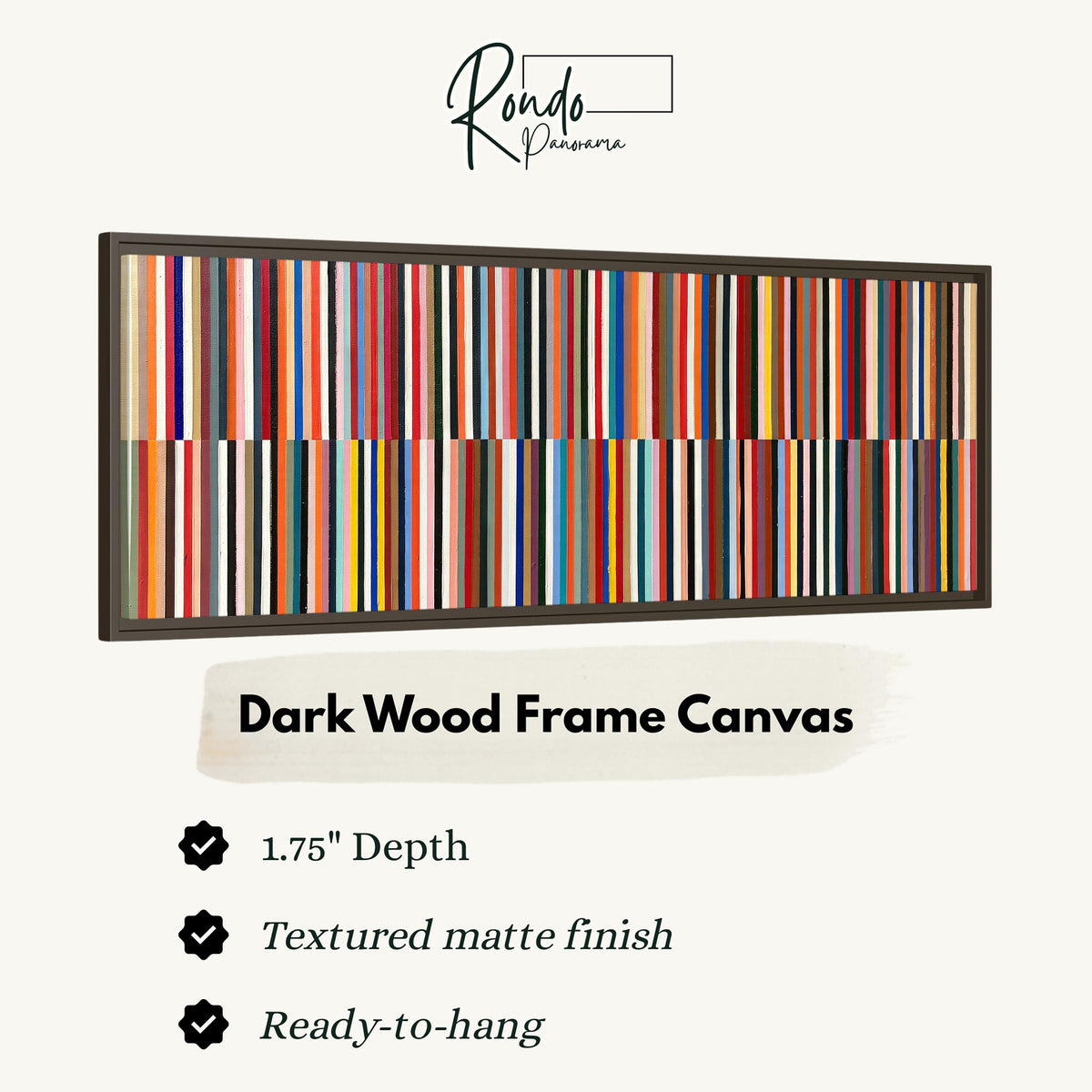 Two bands of colorful stripes canvas print in a dark wood floating frame