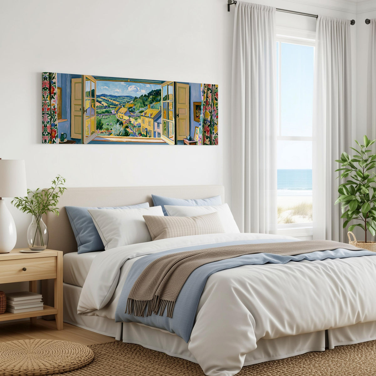 English countryside village through a window panoramic canvas print above a bed in a coastal bedroom