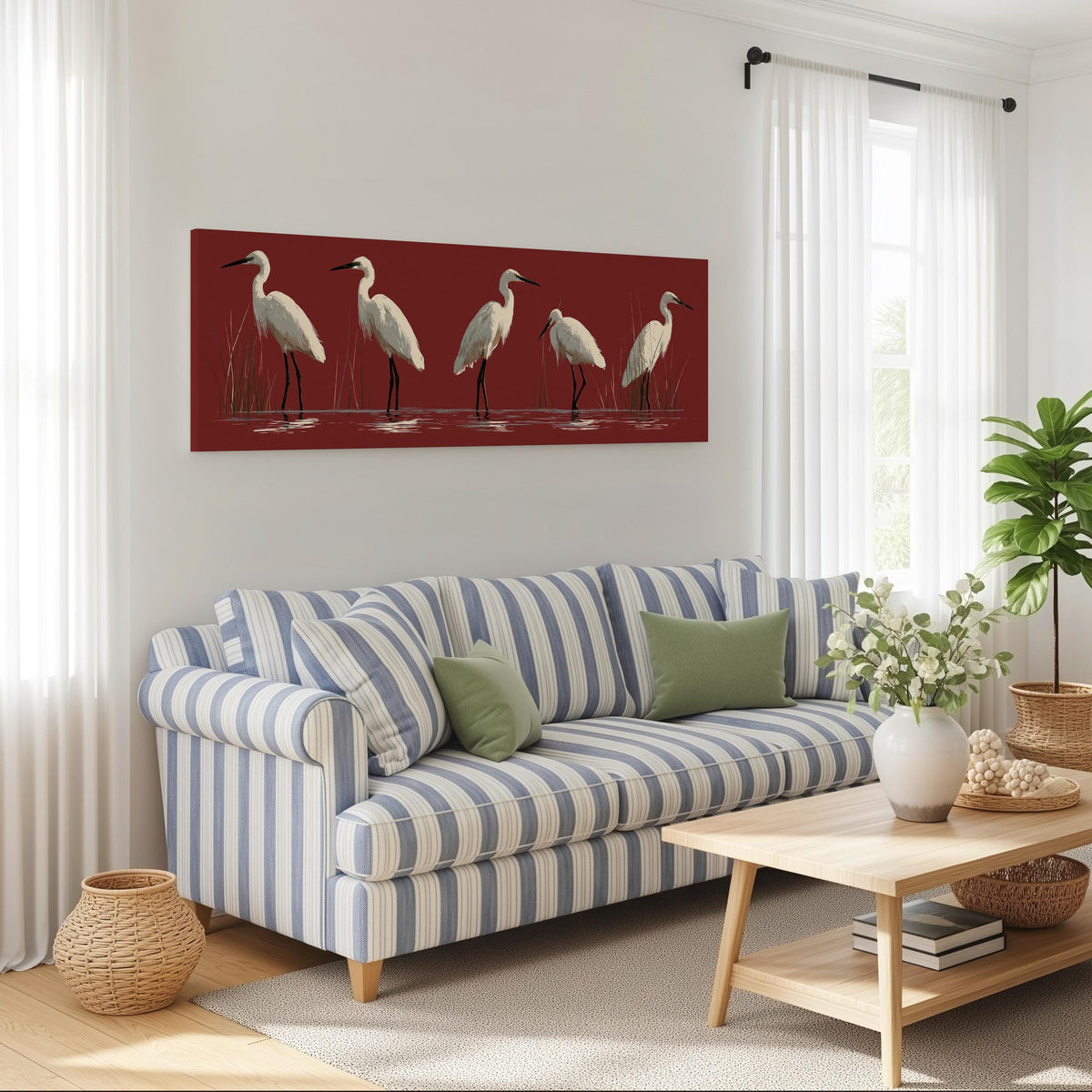 White egrets wading on crimson red long horizontal canvas print above a striped sofa in a coastal living room