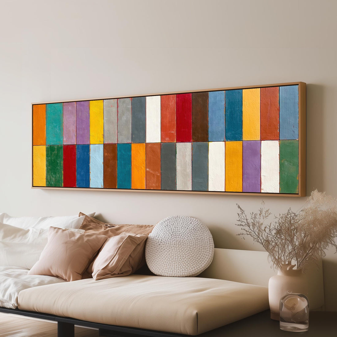 Bright color block rows long horizontal canvas print above a sofa in a living room