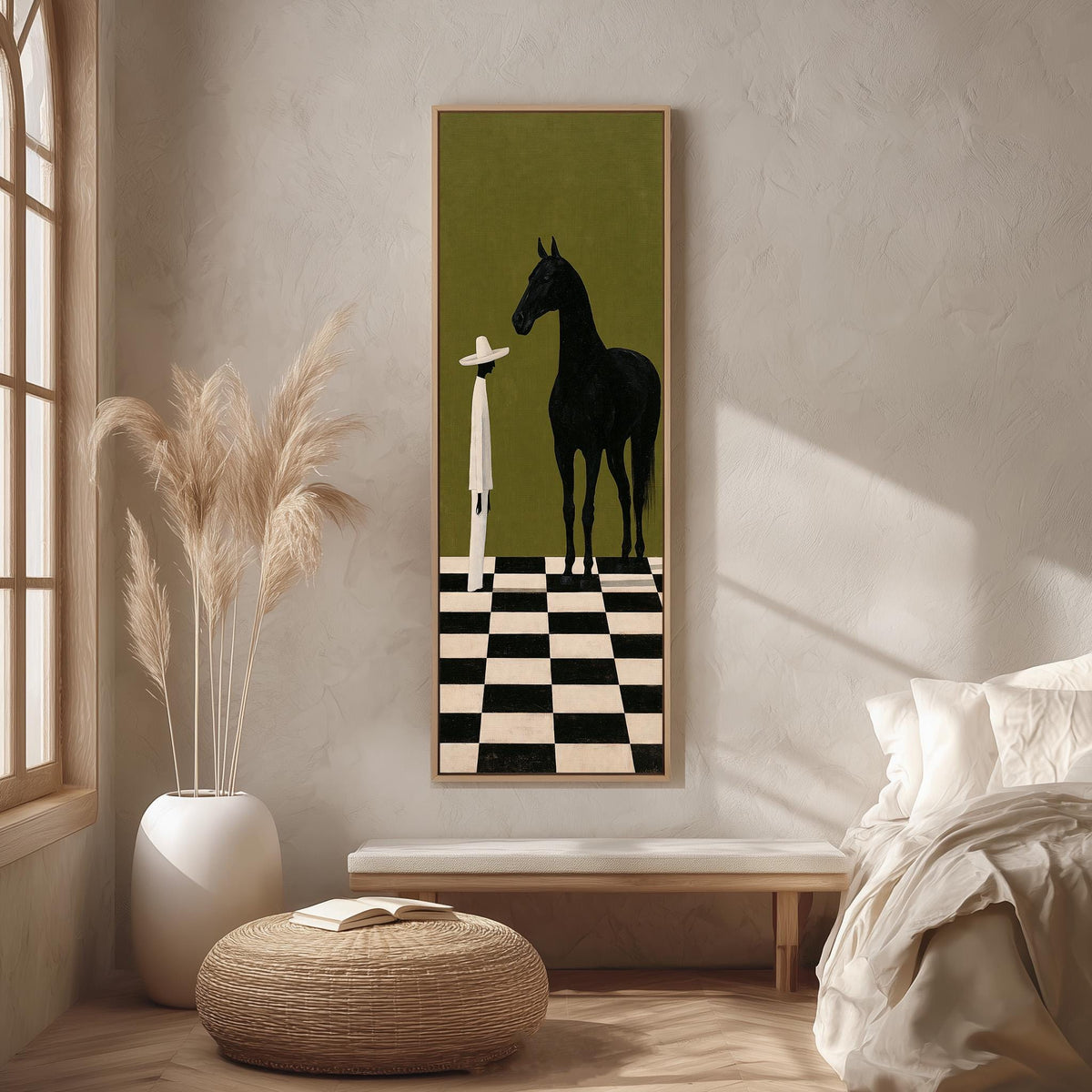 Black horse and figure on a checkerboard floor long vertical canvas print in a bright reading corner