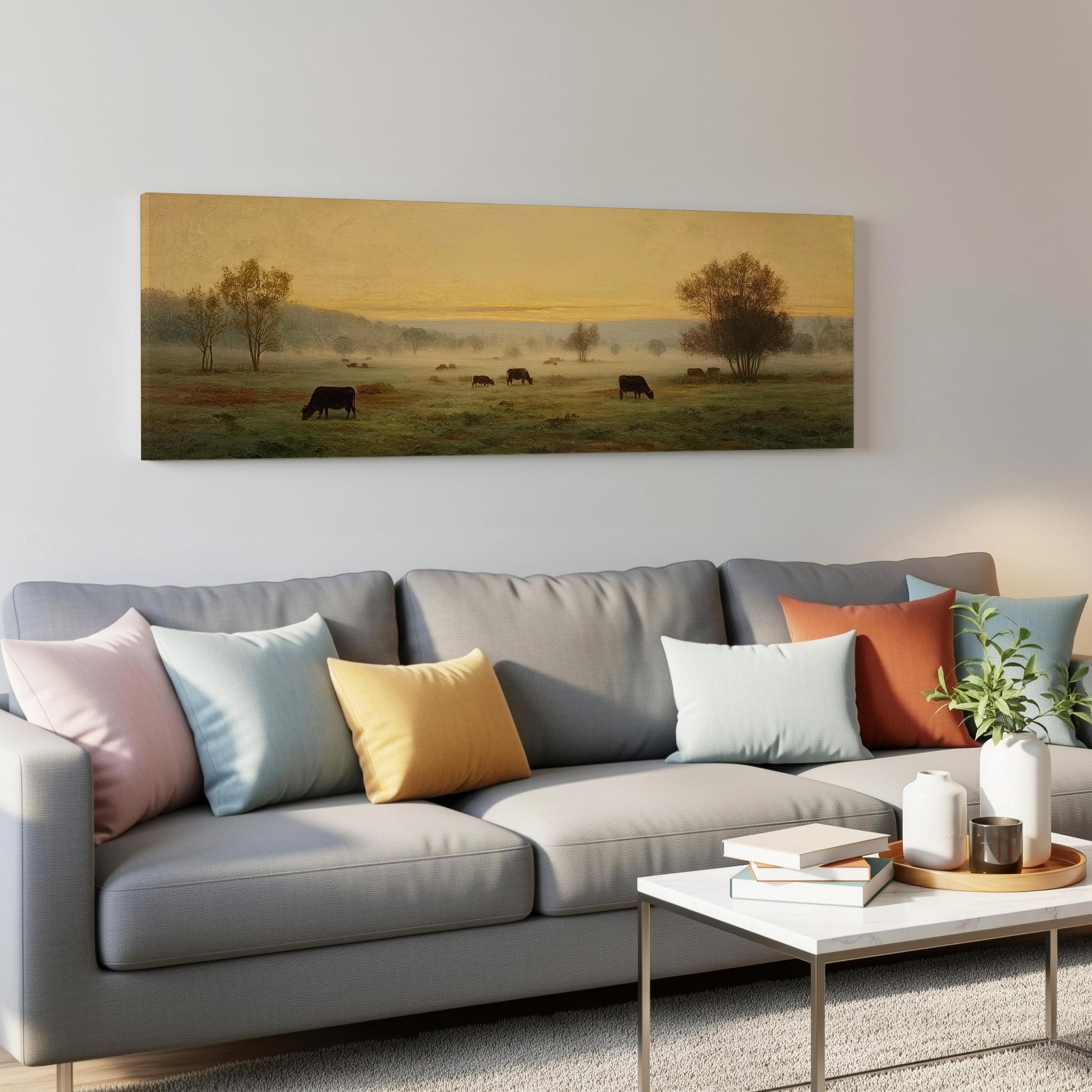 a living room with a gray sofa adorned with colorful throw pillows, a coffee table, and a painting of cows grazing in a field.