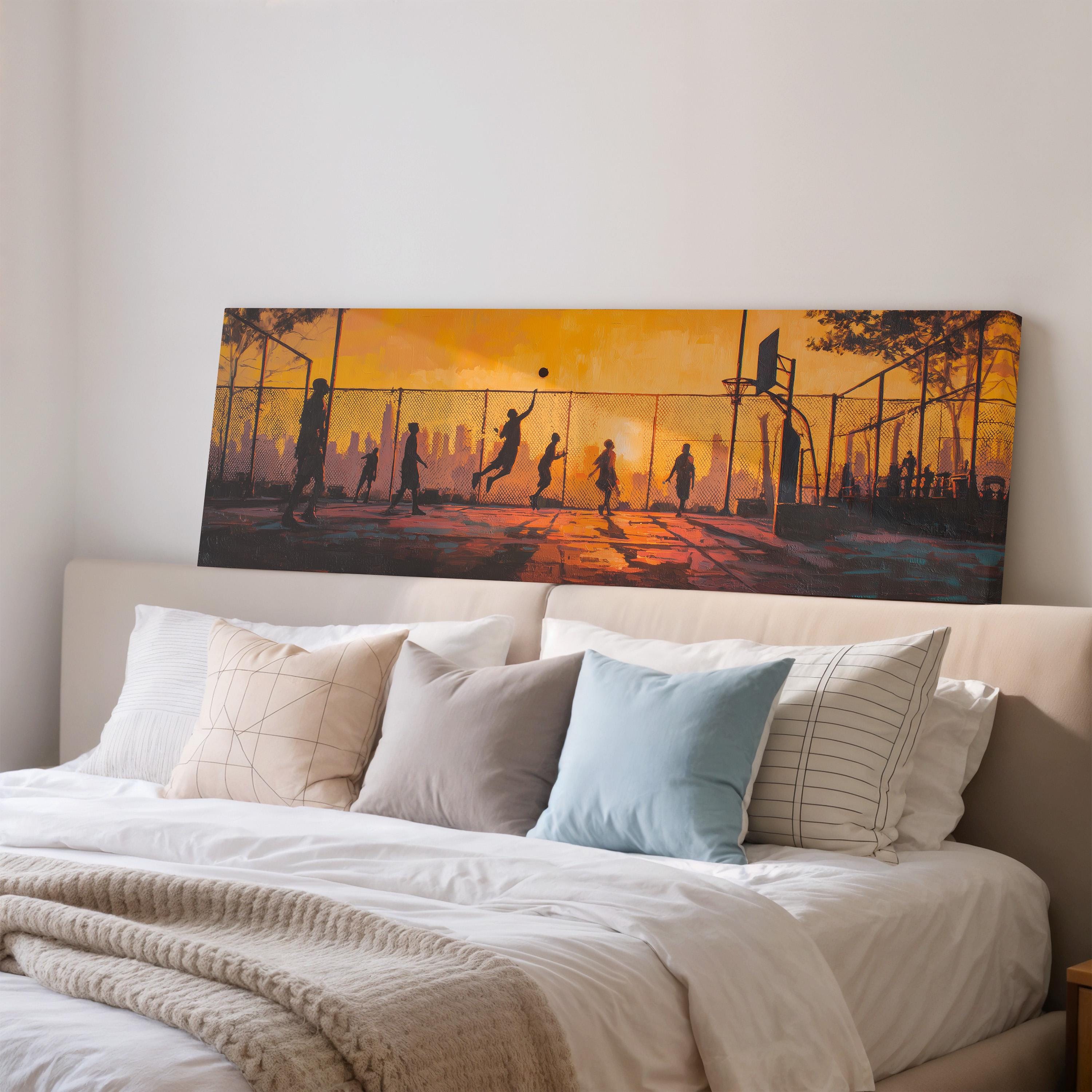 a large painting of people playing basketball on a court, with a city skyline in the background.