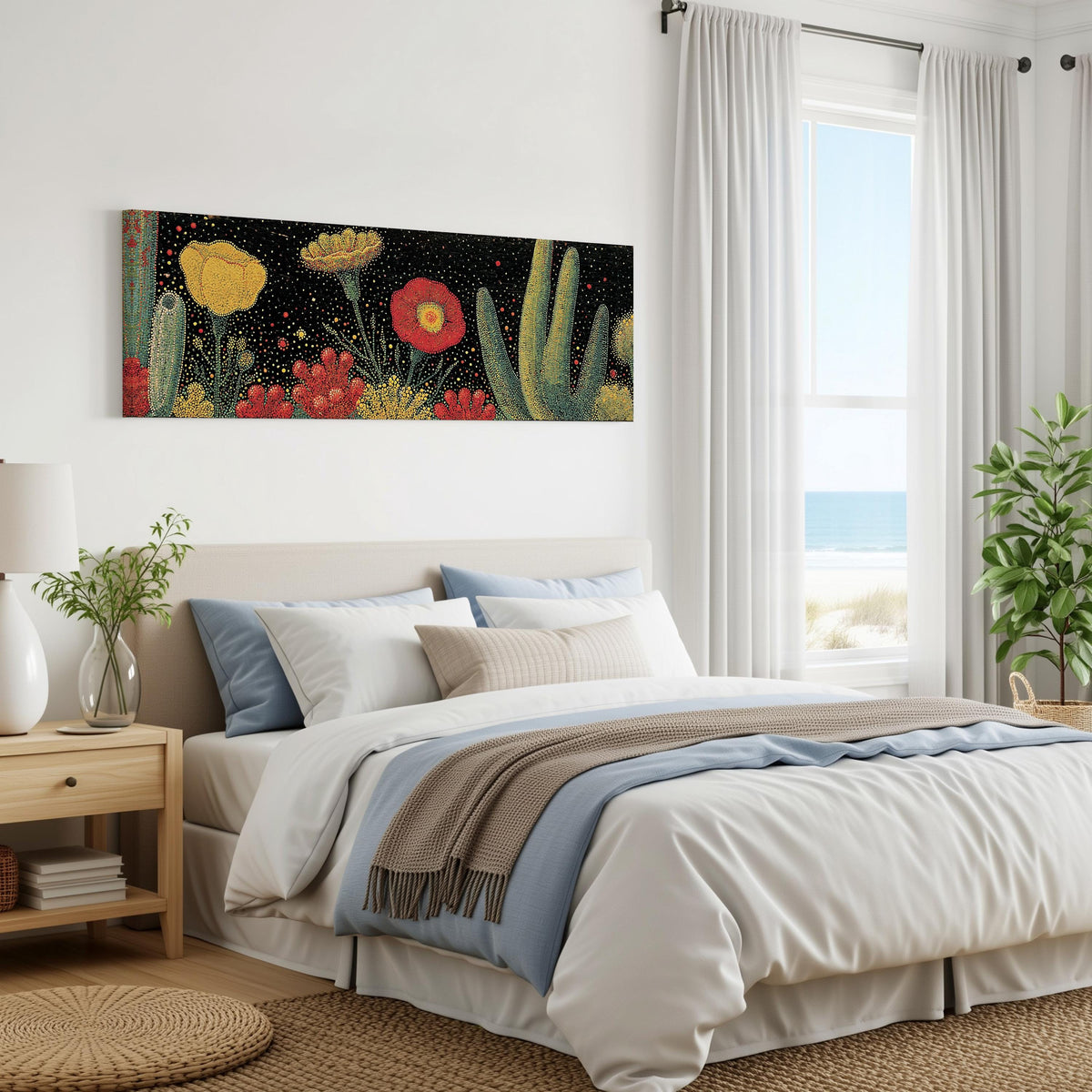 Desert blooms and cacti on black panoramic canvas print above a bed in a coastal bedroom