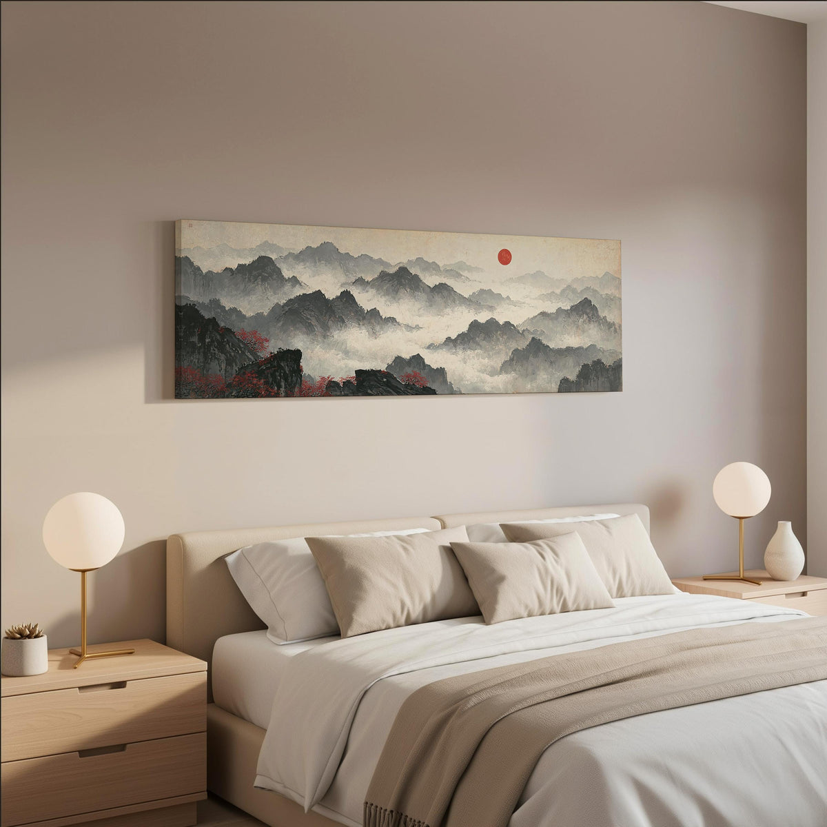 Misty ink mountains under a red sun wide panoramic canvas print above a bed in a neutral bedroom