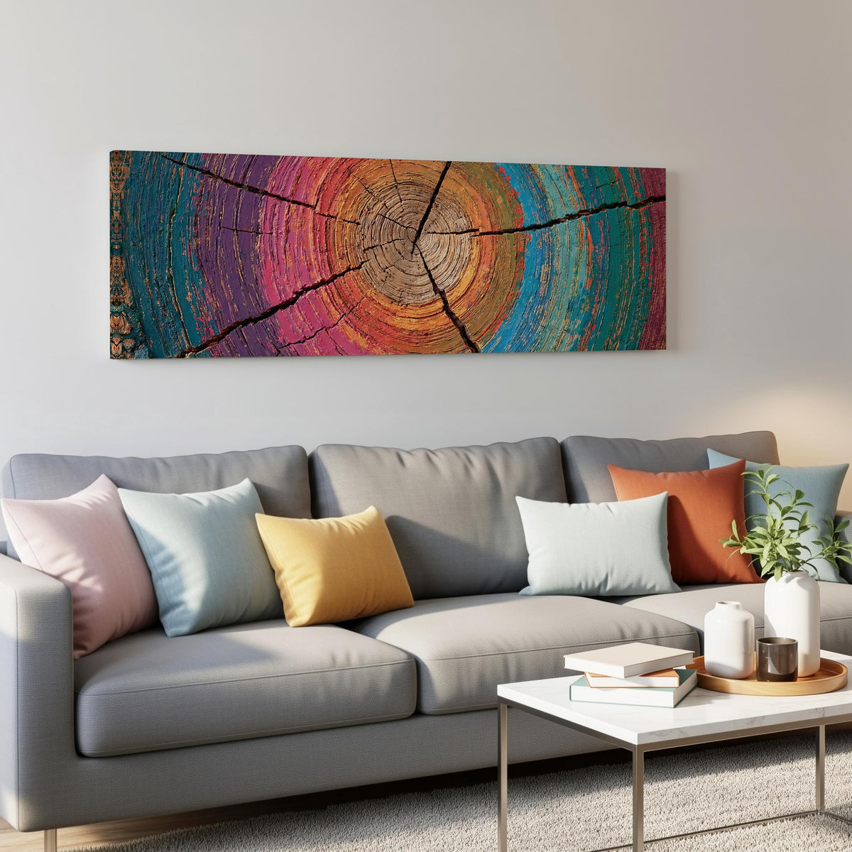 Rainbow tree ring panoramic canvas print above a grey sofa in a living room