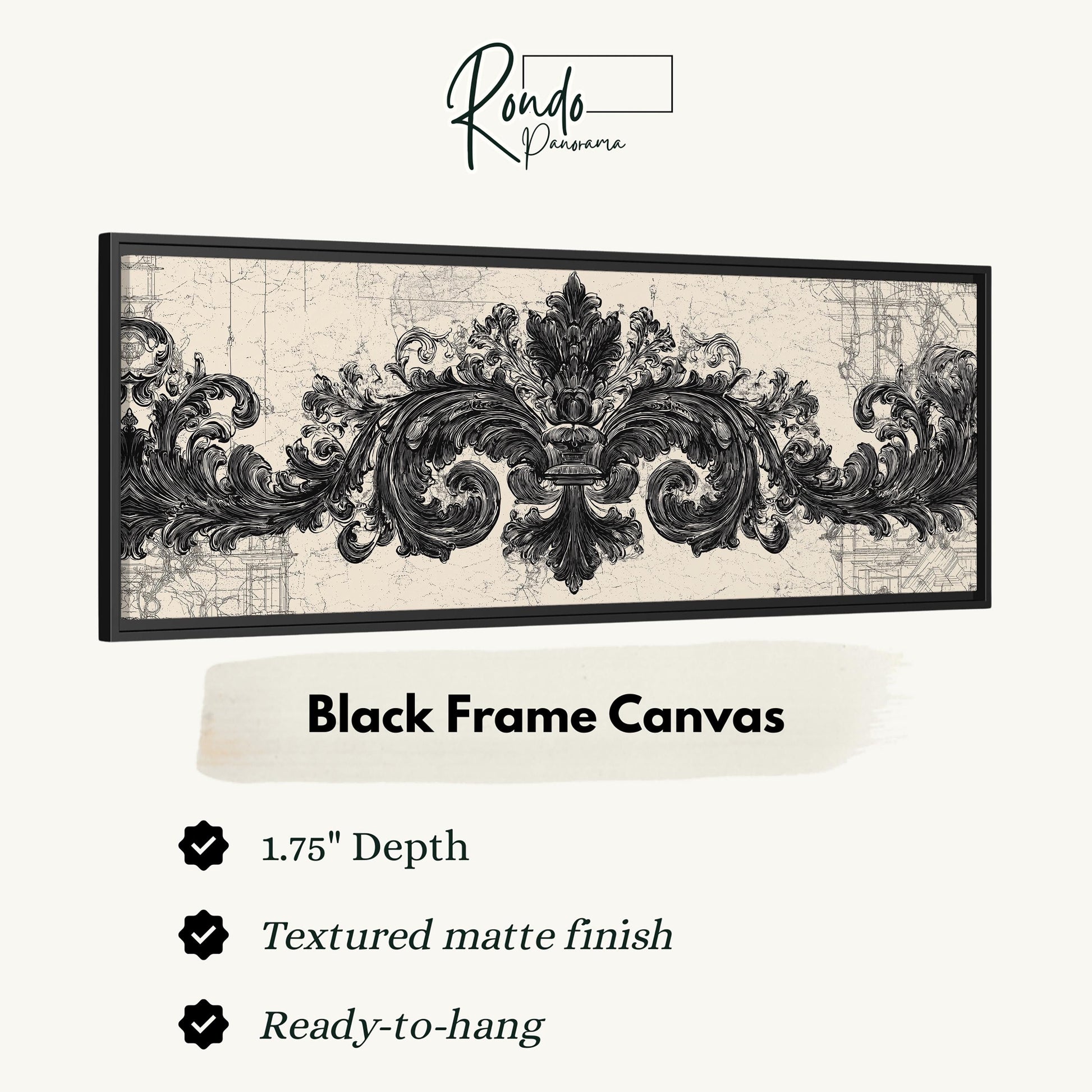 a black frame canvas with an ornate, decorative design in a black and white color scheme.
