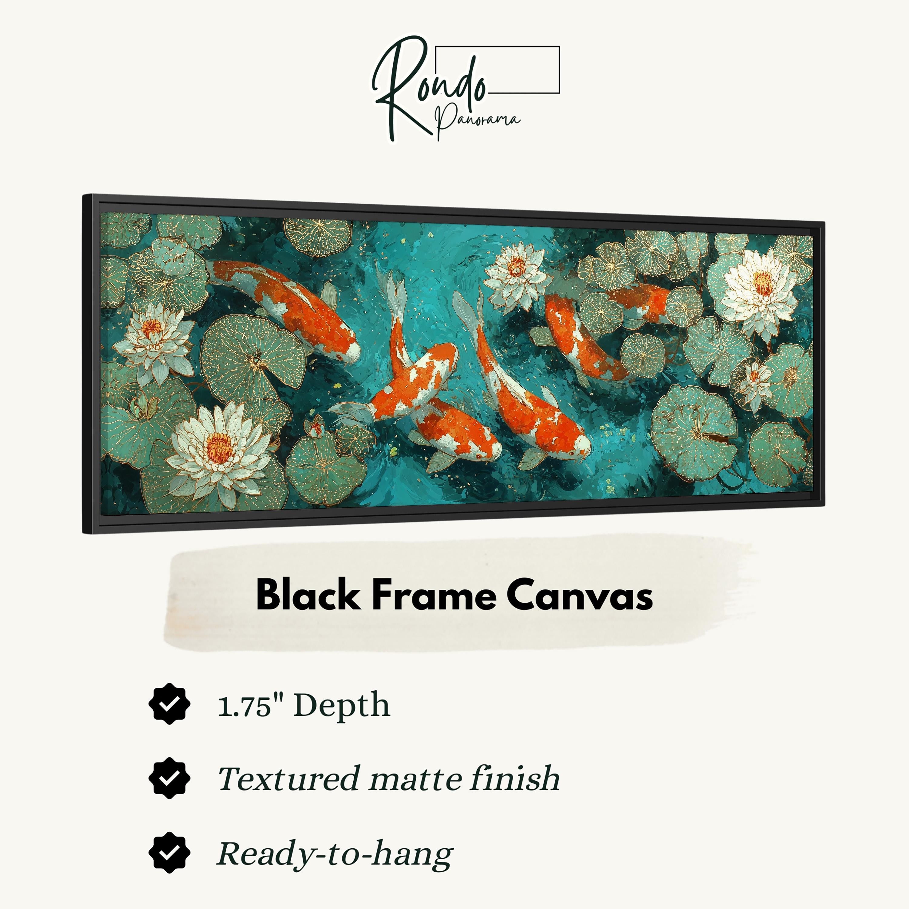 The image is a black frame canvas depicting a serene scene of koi fish swimming in a pond with lily pads and water lilies.