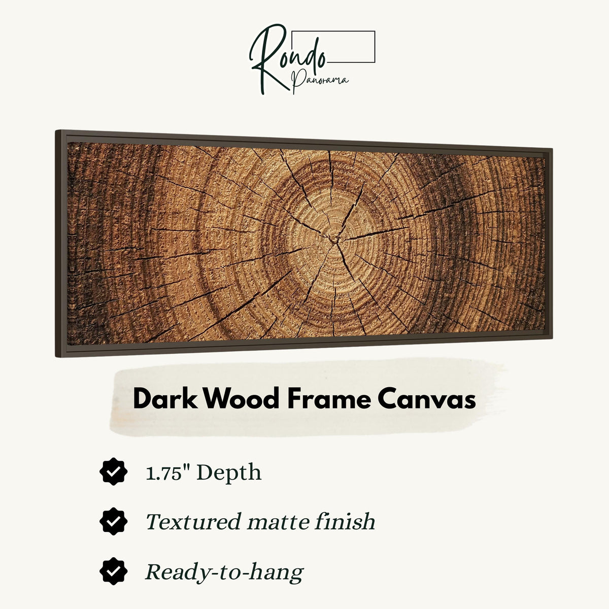 Warm oak wood ring canvas print in a dark wood floating frame