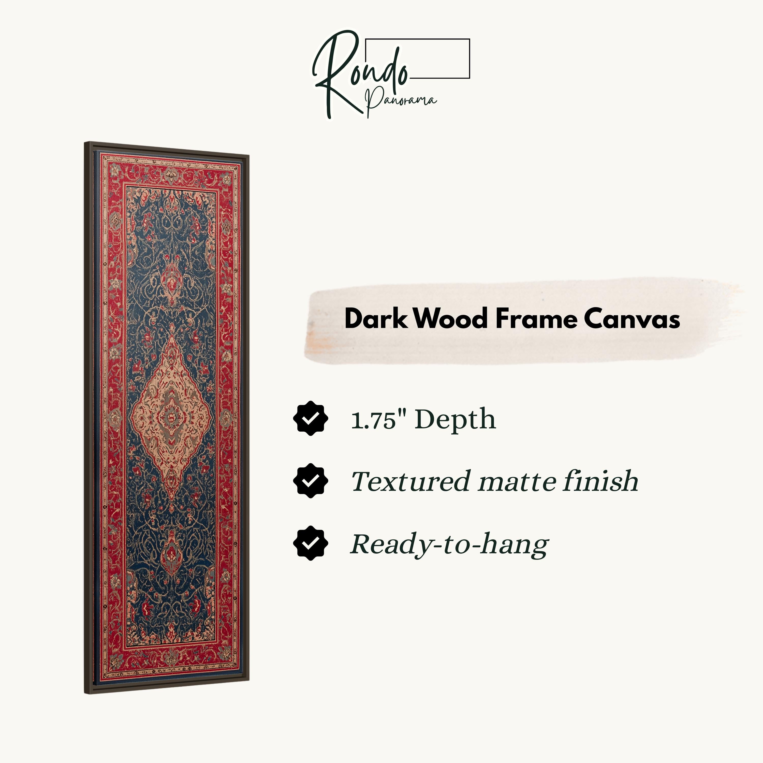 a dark wood frame canvas with a red and blue patterned design. The canvas has a 1.75" depth and is textured with a matte finish, making it ready to hang.