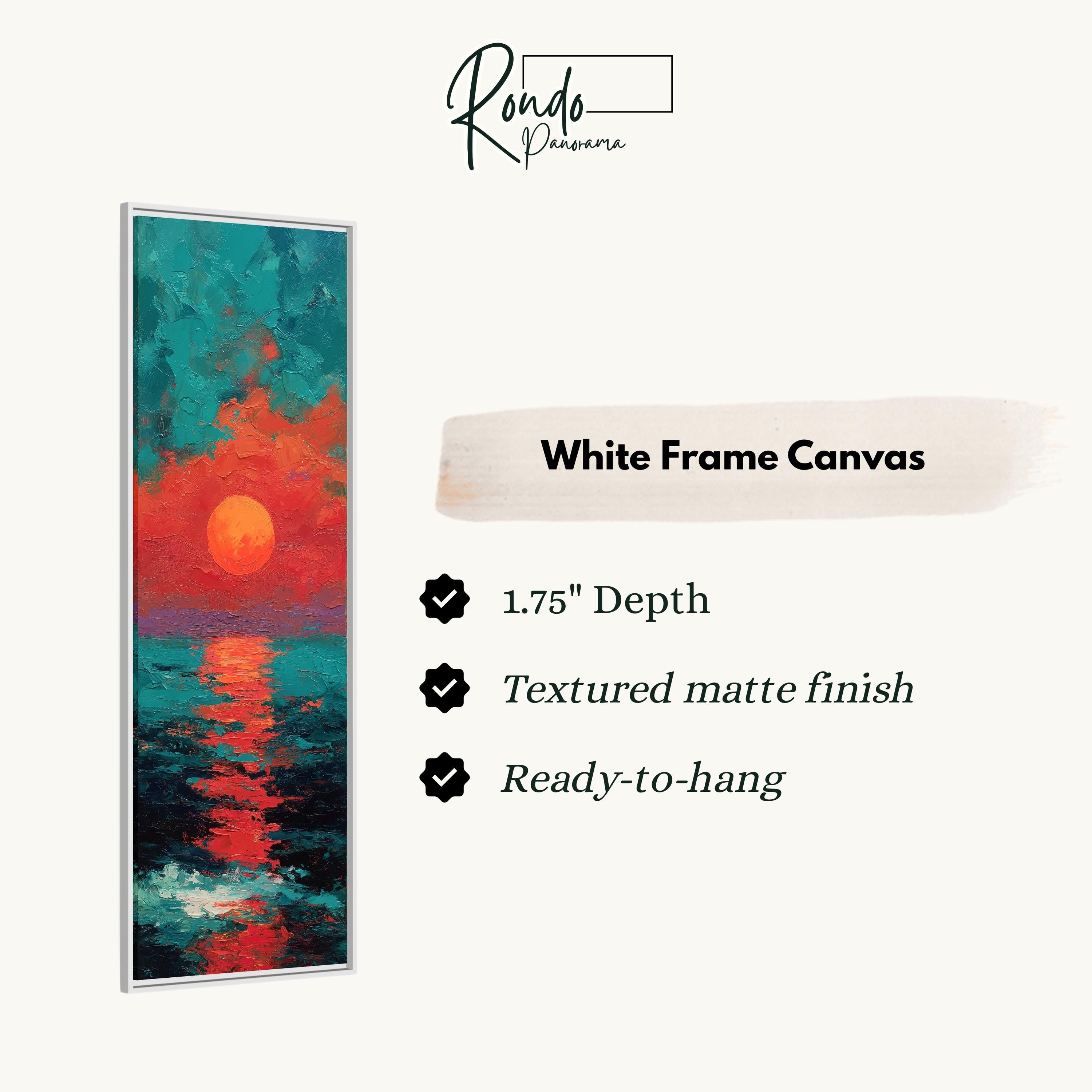 The image is a white frame canvas with a painting of a sunset over the ocean.