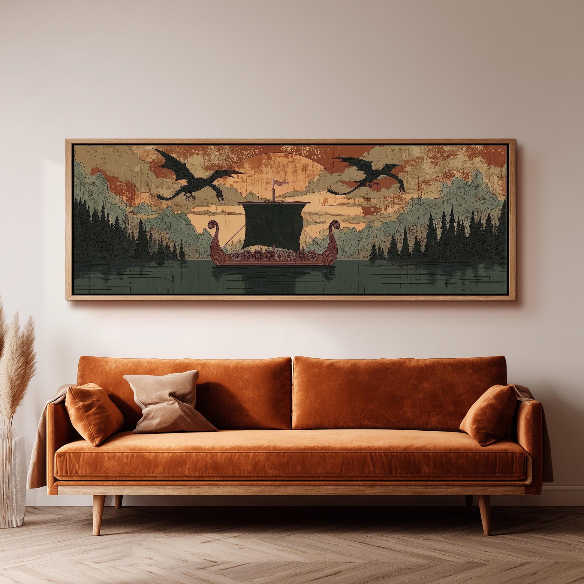 a large, framed artwork depicting a dragon boat sailing on a lake, with mountains and trees in the background. The artwork is hanging on a wall above a brown sofa, creating a cozy and artistic atmosphere in the room.