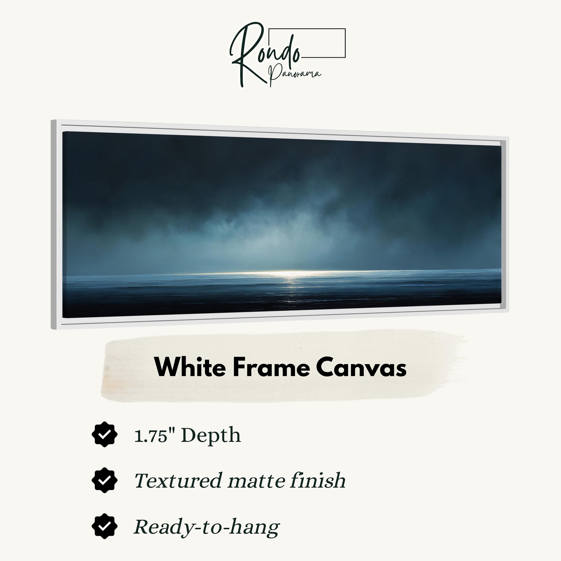 The image is a white frame canvas depicting a serene landscape with a calm body of water and a bright light source in the distance.