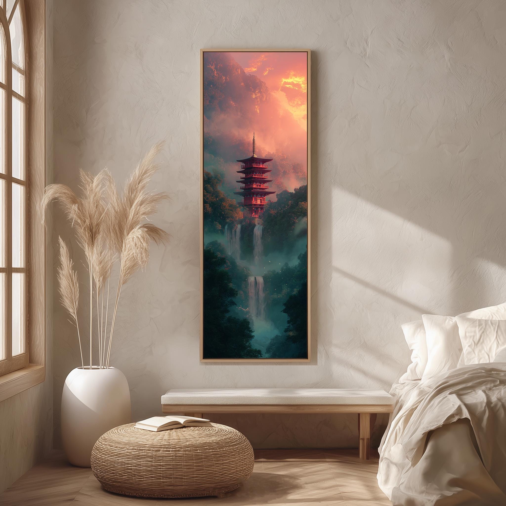 a serene bedroom scene with a large window, a white bench, a woven ottoman, and a framed painting of a pagoda with a waterfall in the background.