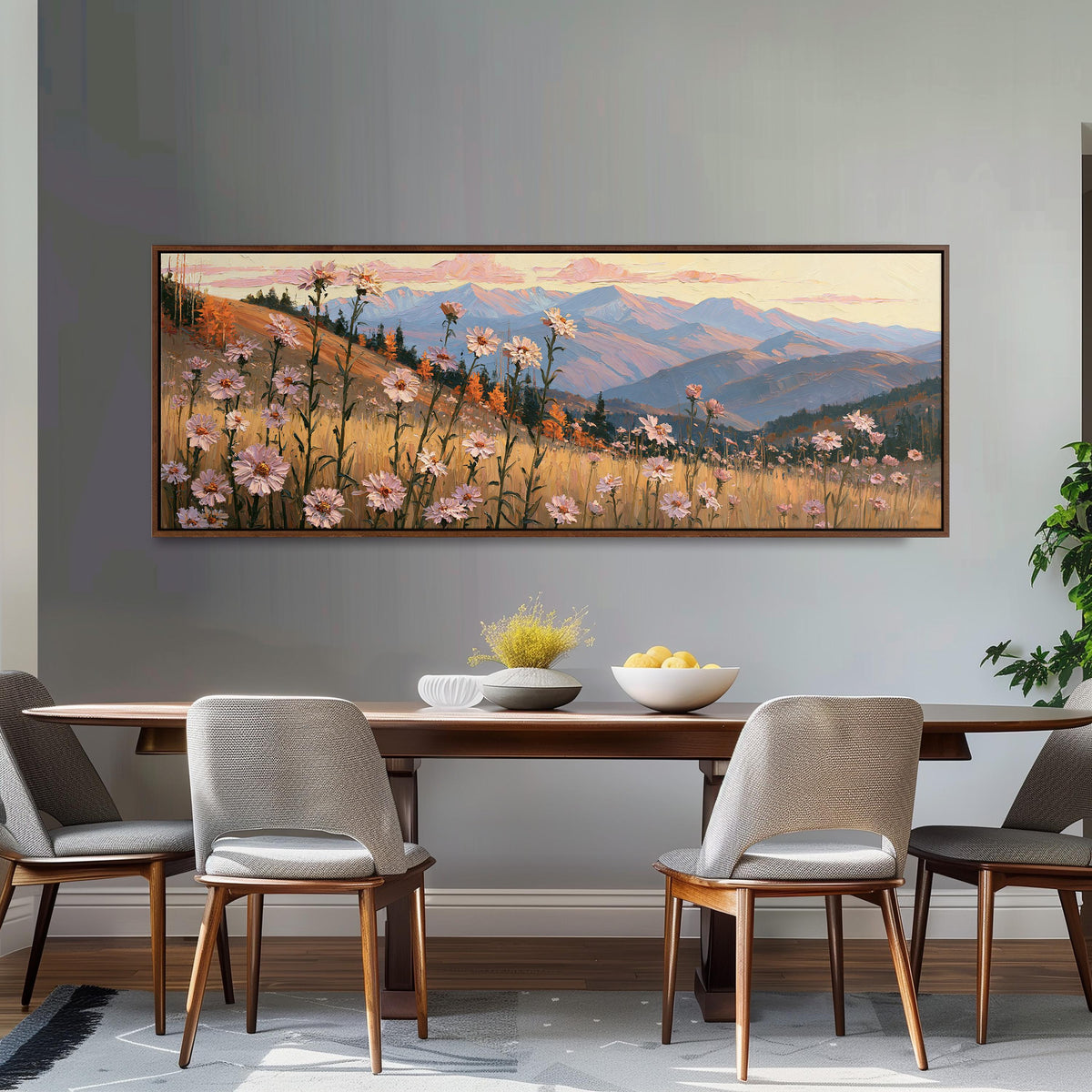 Wildflower meadow with mountains long horizontal canvas print above a dining table