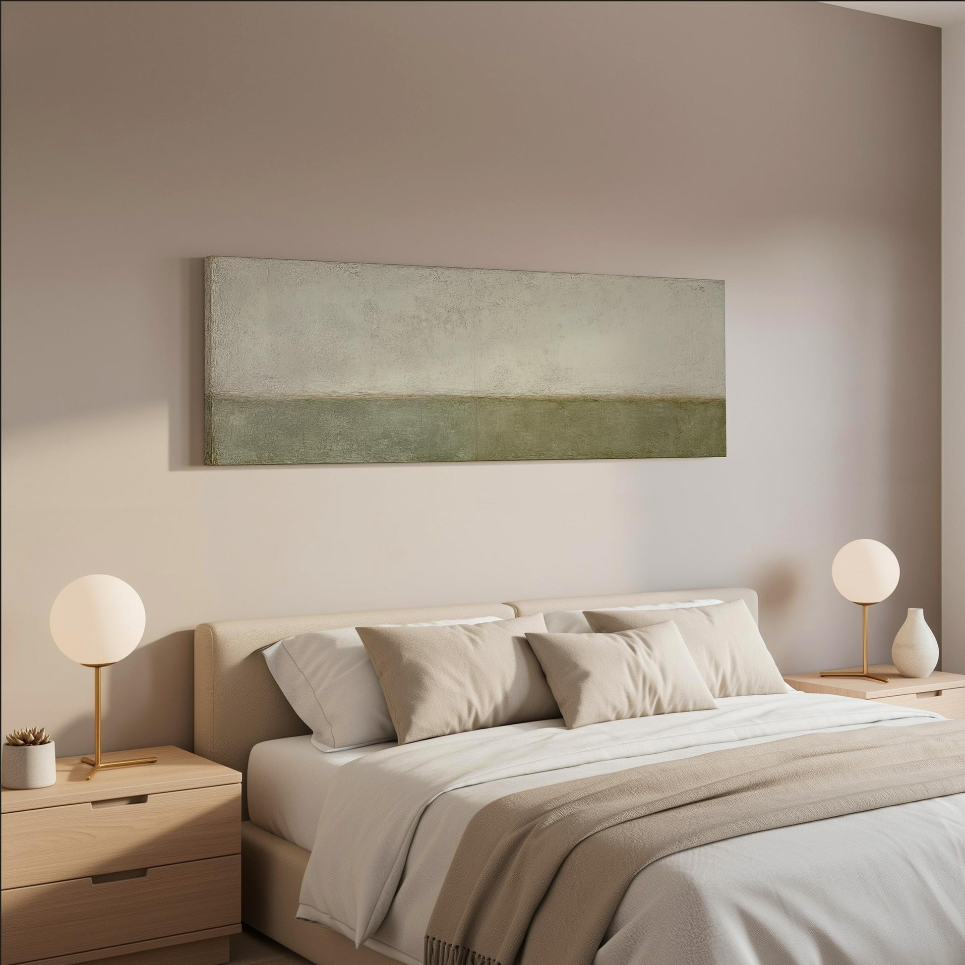 a serene and modern bedroom with a large bed, two nightstands with lamps, and a large abstract painting on the wall.