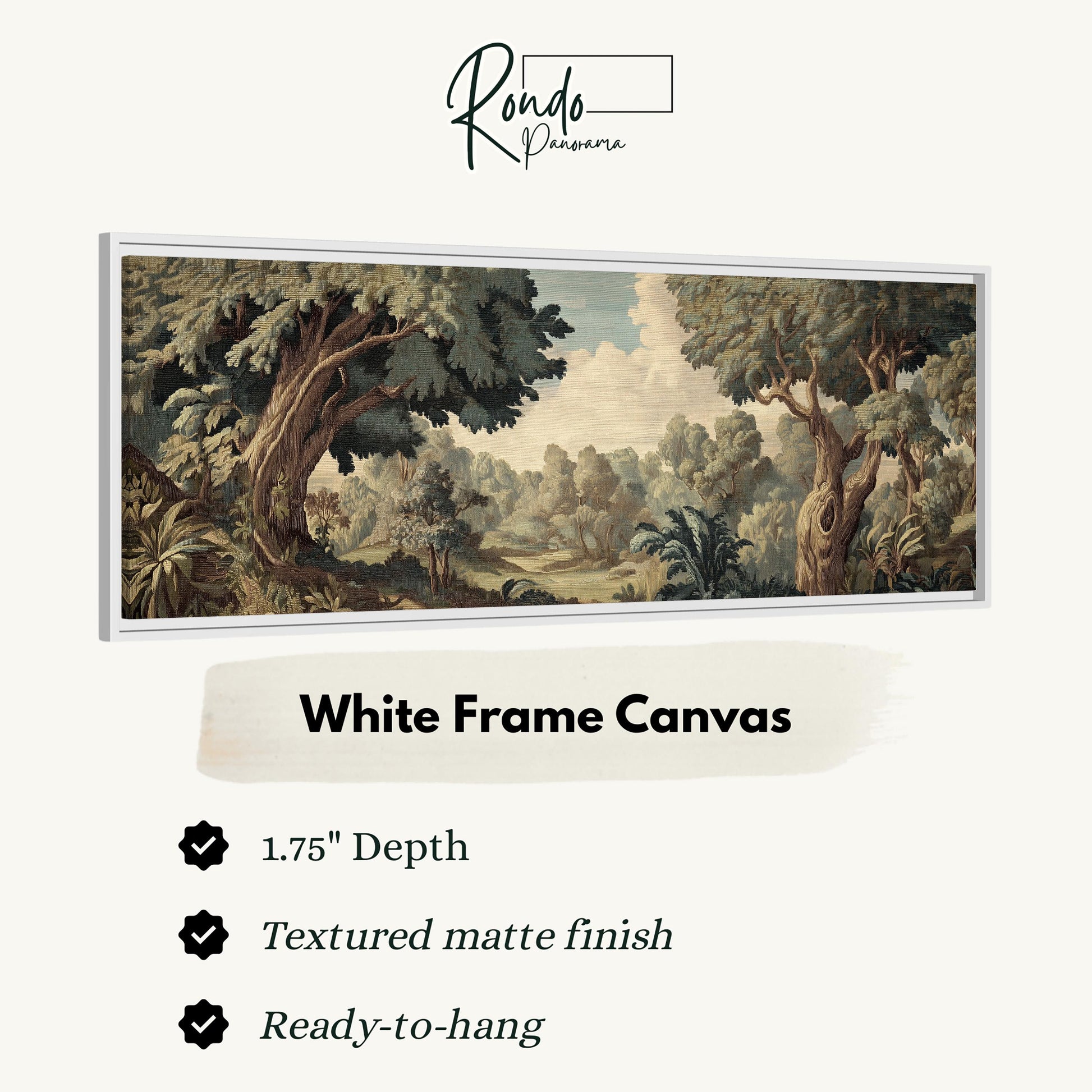 The image is a white frame canvas depicting a lush, forested landscape with trees, bushes, and a winding path.