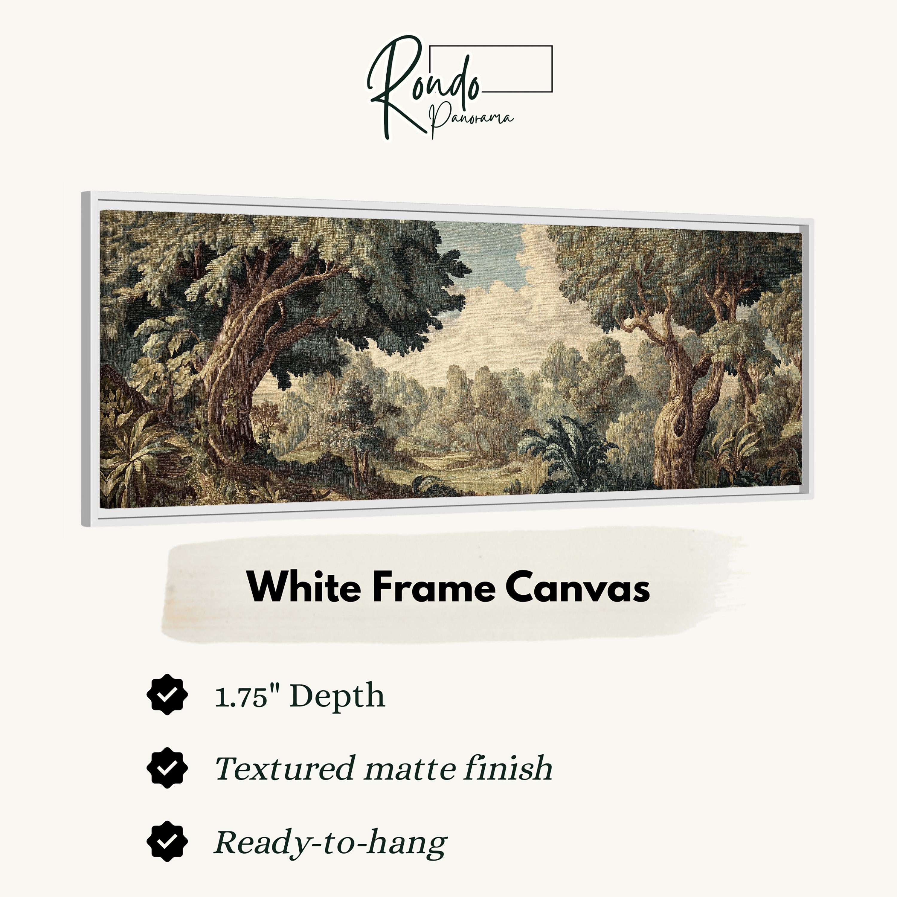 The image is a white frame canvas depicting a lush, forested landscape with trees, bushes, and a winding path.