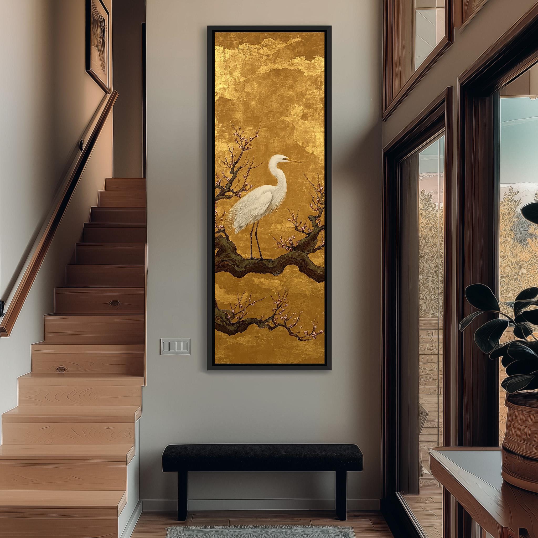 a large, ornate painting of a white crane standing on a branch, hanging on the wall of a hallway.