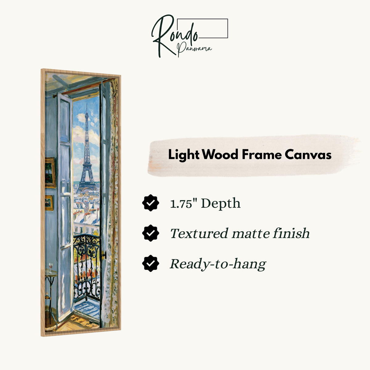 Eiffel Tower through a tall blue window canvas print in a light wood floating frame