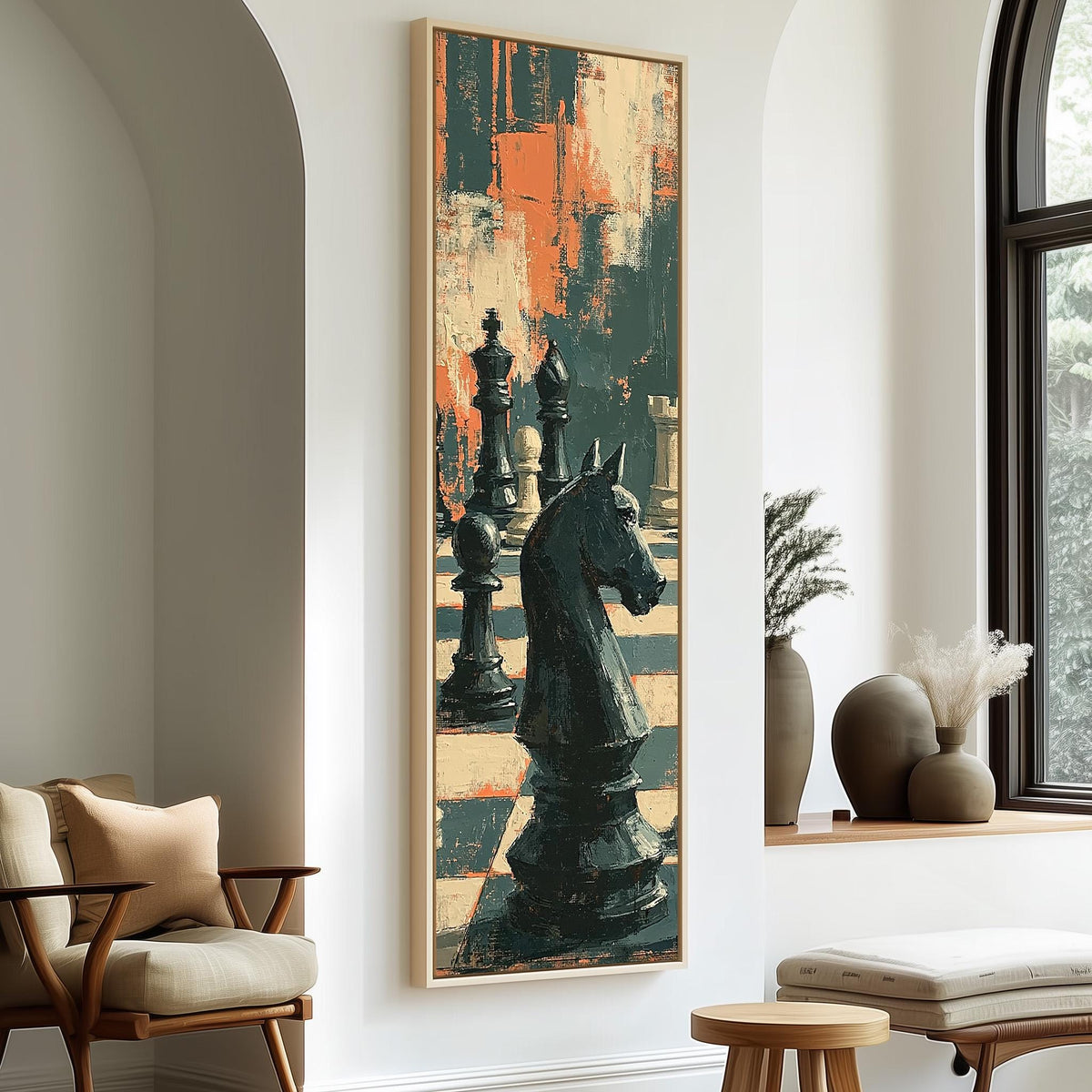 Black chess knight in dramatic shadows tall skinny canvas print in a sunlit living space