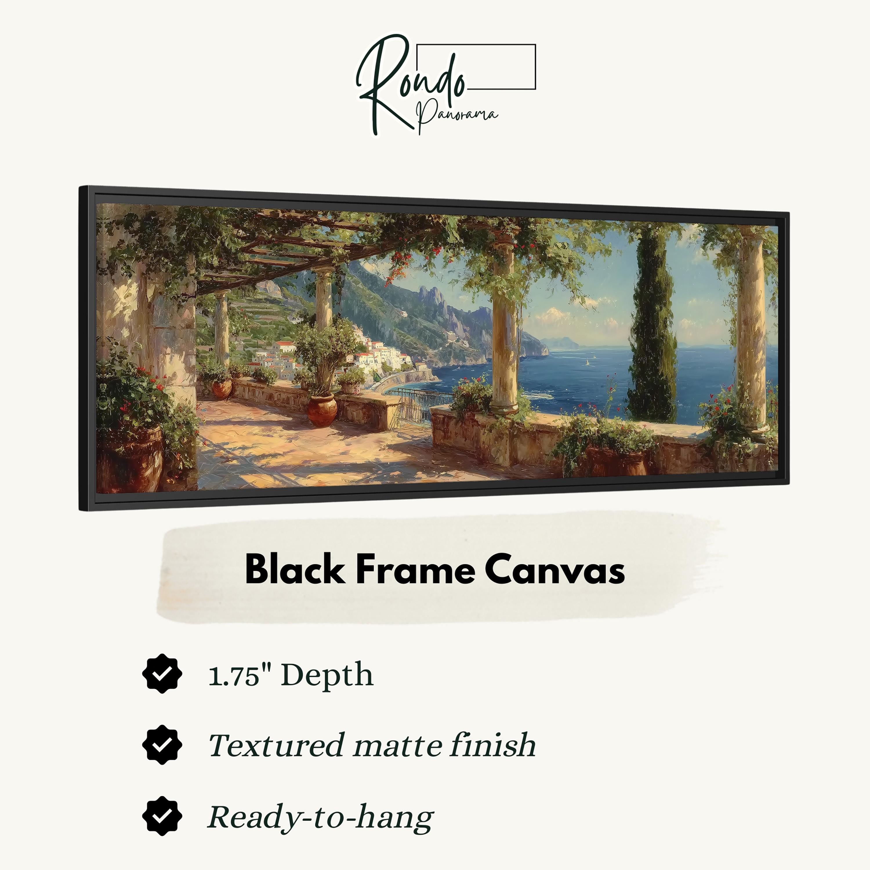 The image is a black frame canvas depicting a scenic coastal landscape with a covered walkway, potted plants, and a view of the ocean.