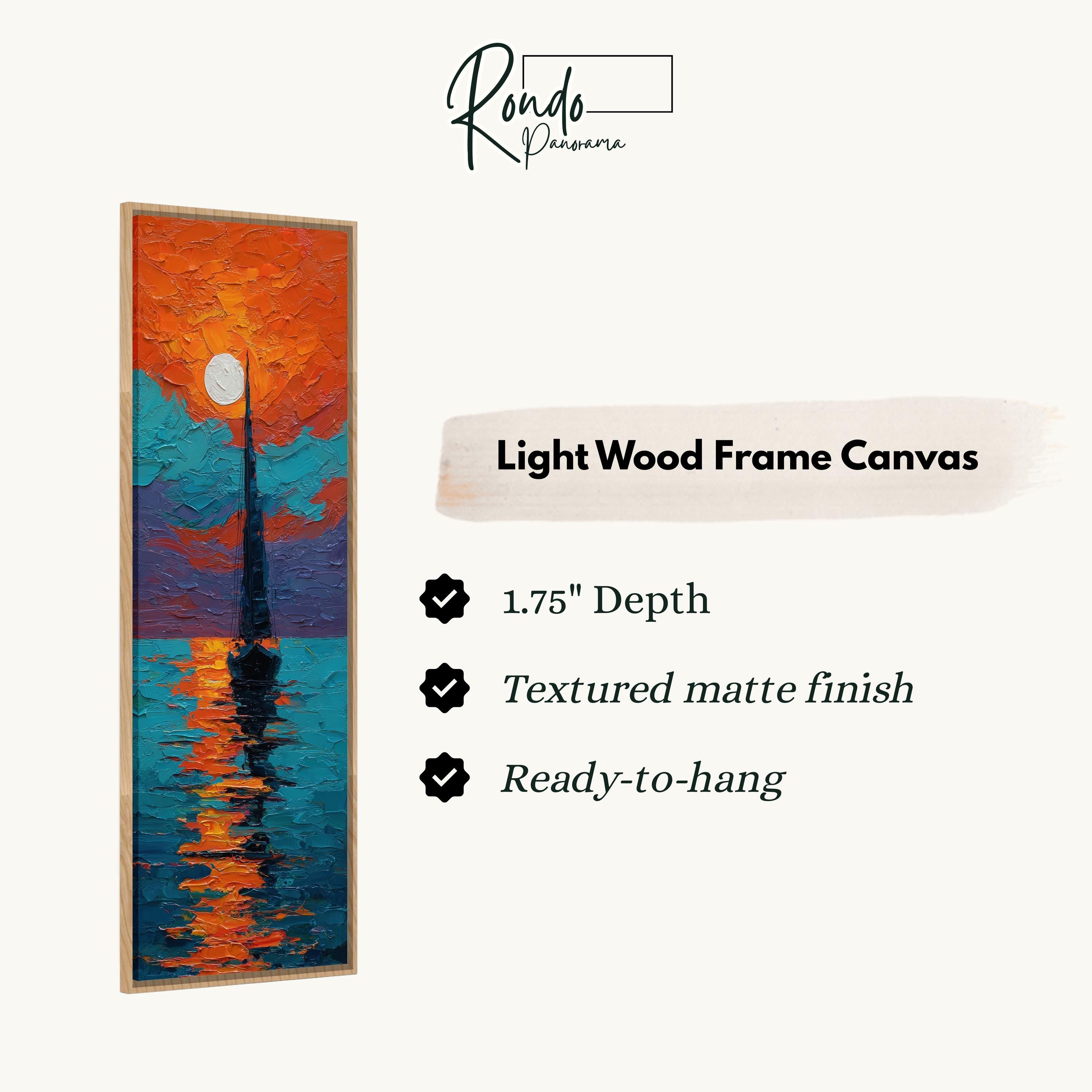 The image is a light wood frame canvas featuring a painting of a sunset over a body of water.