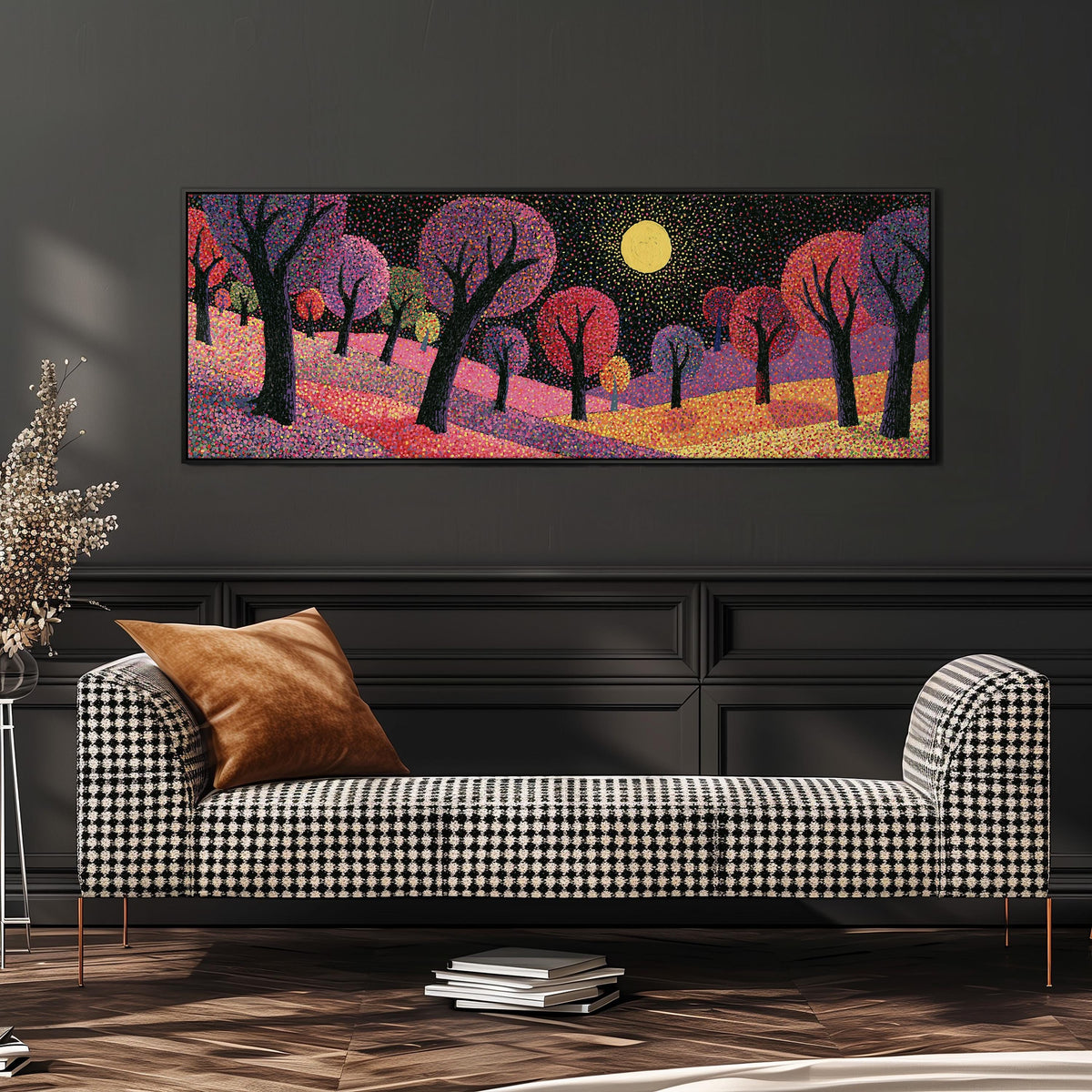 Purple dusk forest under the moon wide panoramic canvas print above a bench in a dark living room
