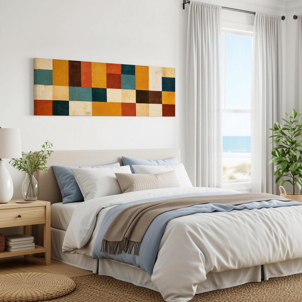 Ochre, rust and teal patchwork blocks panoramic canvas print above a bed in a coastal bedroom