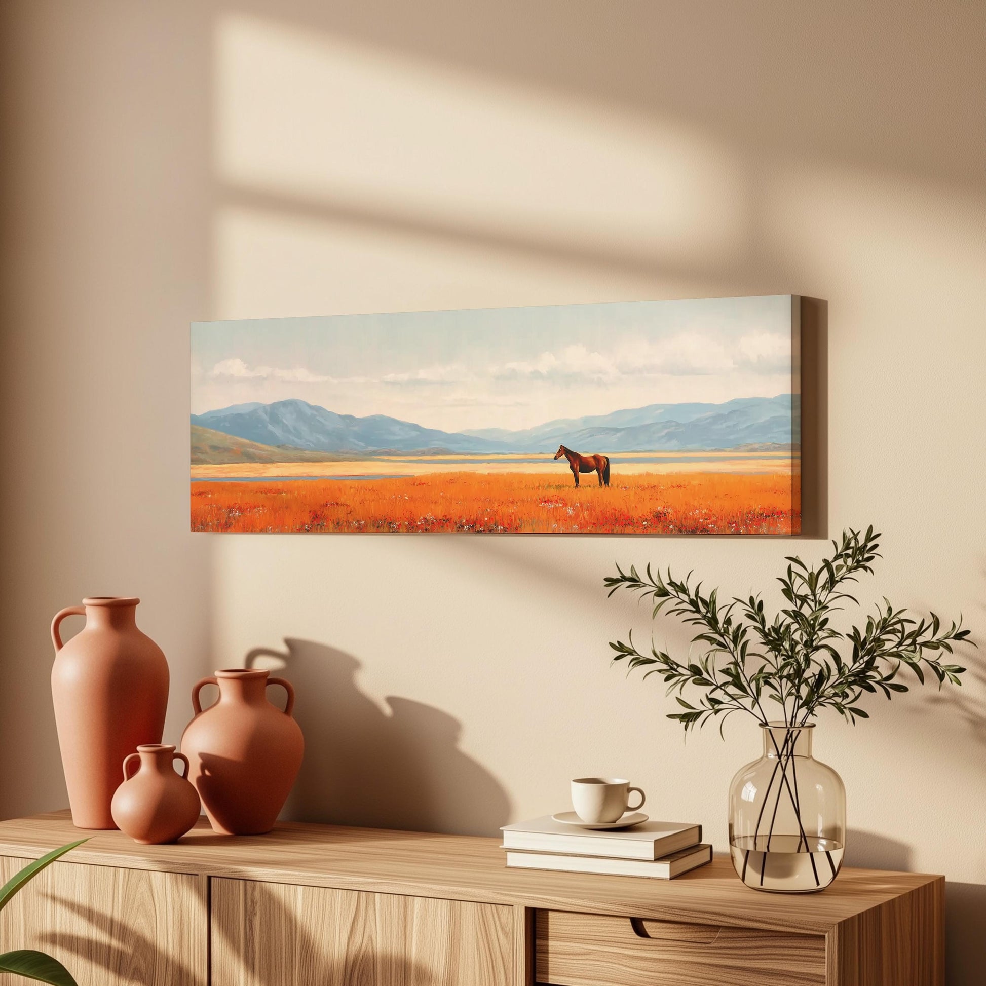 a painting of a horse in a field with mountains in the background, hanging on a wall above a wooden cabinet with decorative items on top.